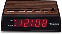 Westclox Retro Woodgrain Alarm Clock - Red LED Display, 9-Min Snooze, Battery Backup - Vintage Nightstand Clock for Bedroom Office