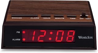 Westclox Retro Woodgrain LED Alarm Clock - Red Display, 9-Min Snooze, Battery Backup for Bedroom or Office