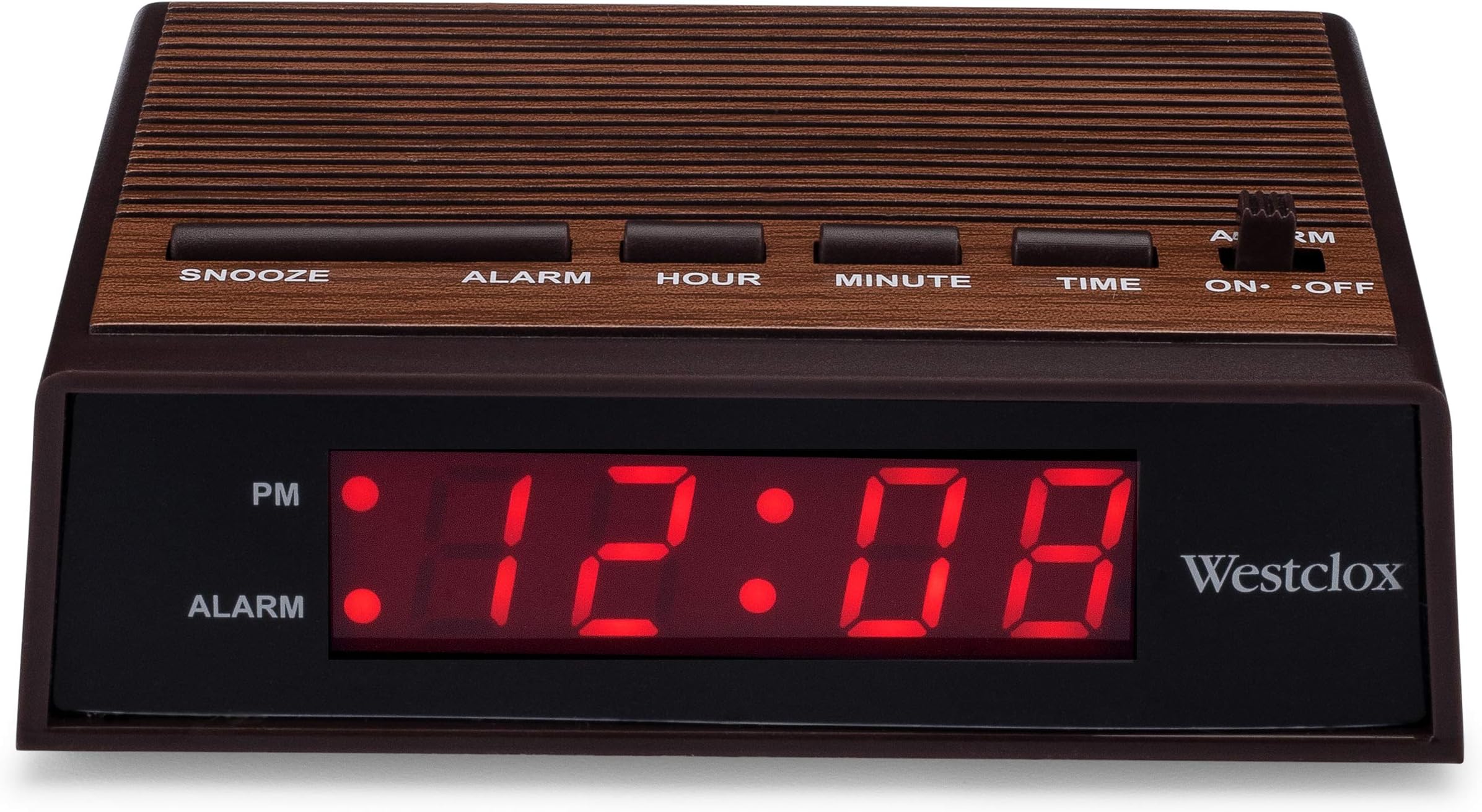 Westclox Retro Wood Style Small Night Table Alarm Clock with Red LED Display, 9-Minute Snooze, Battery Backup, Easy Electric Operation for Bedroom, Home or Office – Woodgrain
