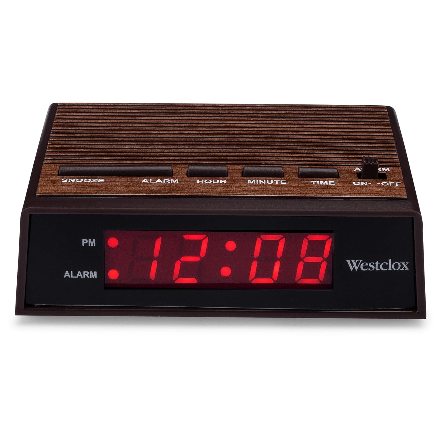 Westclox Retro Wood Style Small Night Table Alarm Clock with Red LED Display 9-Minute Snooze Battery Backup Easy