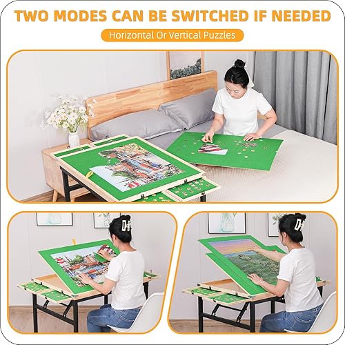 Miniatura 6 de BittPicc Mesa de rompecabezas con cajones, mesa de rompecabezas de 1500 piezas con patas y ruedas, mesas plegables e inclinables para adultos,