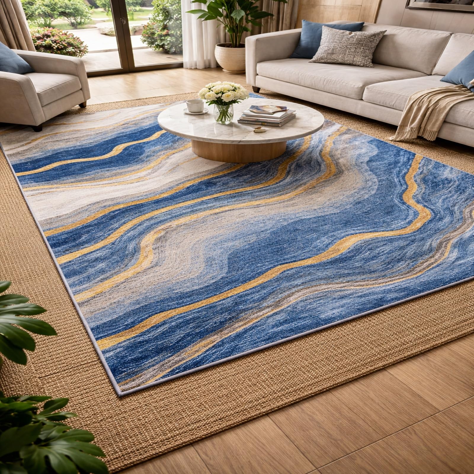 Tapis salon moderne bleu et jaune pour une ambiance déco salle de séjour chaleureuse