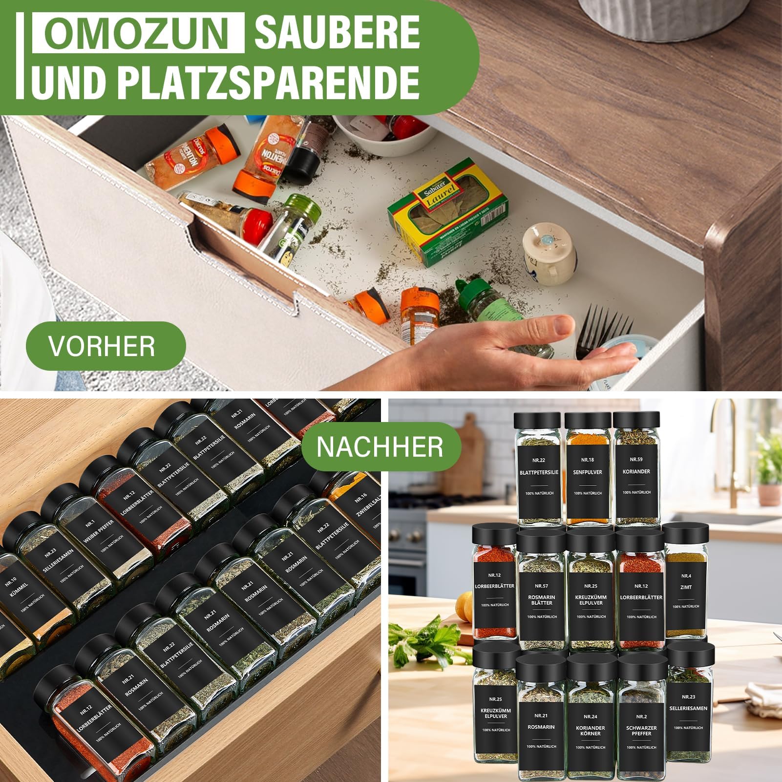 Lot de 24 pots à épices carrés avec étiquettes - En verre - 120 ml - Avec insert à saupoudrer - Étiquettes étanches - Rangement des épices pour le tiroir de cuisine - Noir