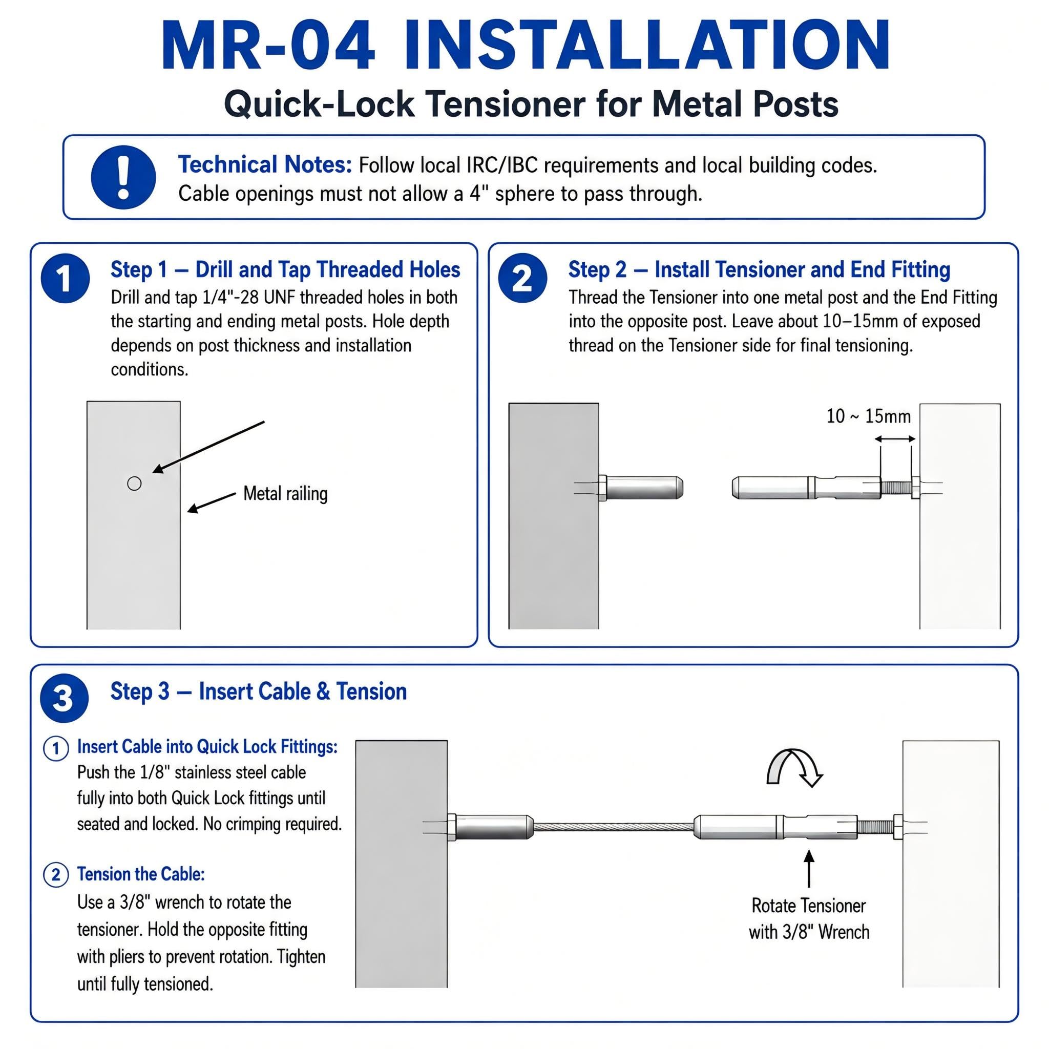 MR.RAIL, 1 paio di tenditori per ringhiere in acciaio inossidabile 316L, per sistemi di ringhiere per cavi da 1/8" 1 × 19, facile installazione, capacità di carico 7000N, per ringhiere orizzontali in