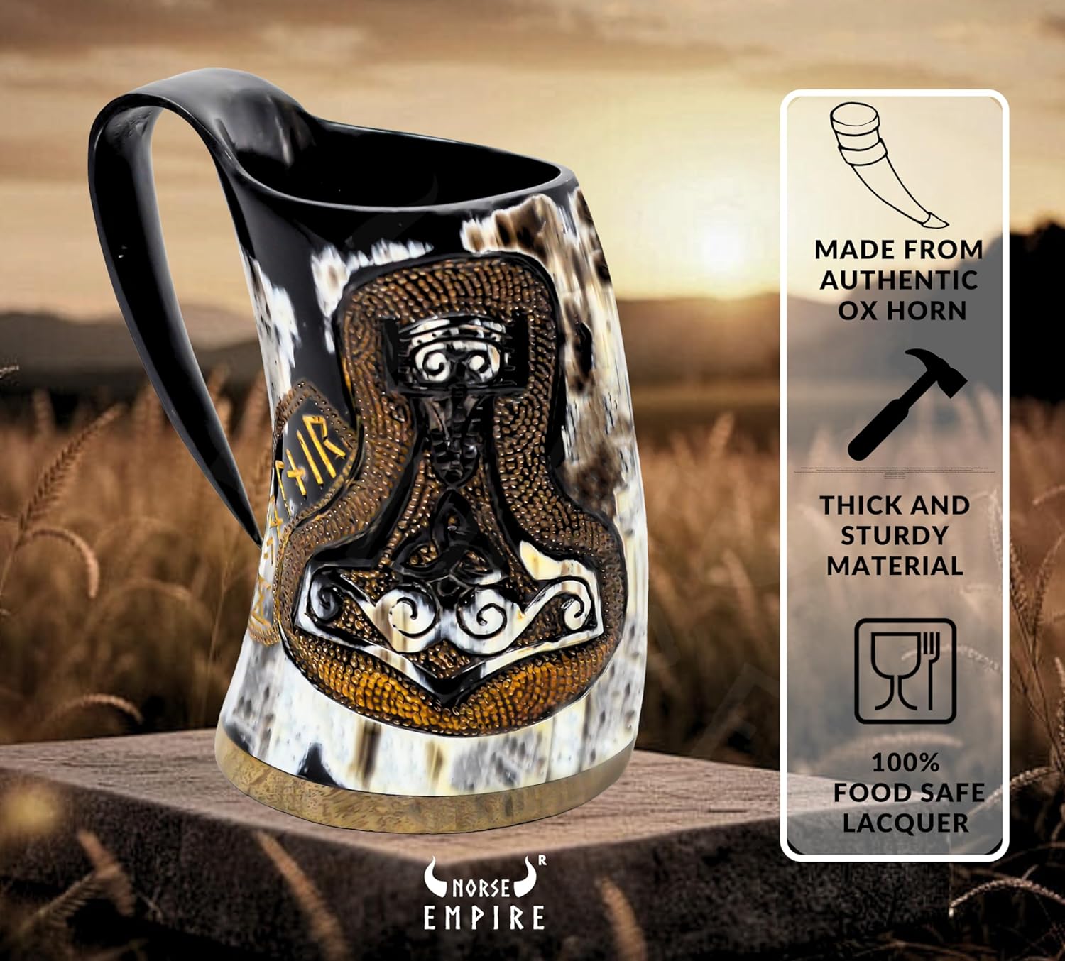 Premium Viking OX Horn Mug 18oz Engraved 3D MJOLNIR Hand PYROGRAPHY, Tankard & Coffee Stein Authentic Medieval Presents for Men and Women, Home Accessories, Glasses for Mead, Whisky and Beer Cup…