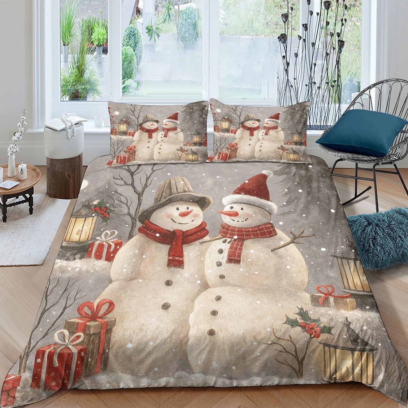 TUFRTGYHN 3D Printed Snowman Christmas Duvet Cover Set Microfiber Soft Grey Red Winter Bedding with 2 Pillowcases for Bedroom Home Single（135x200cm）