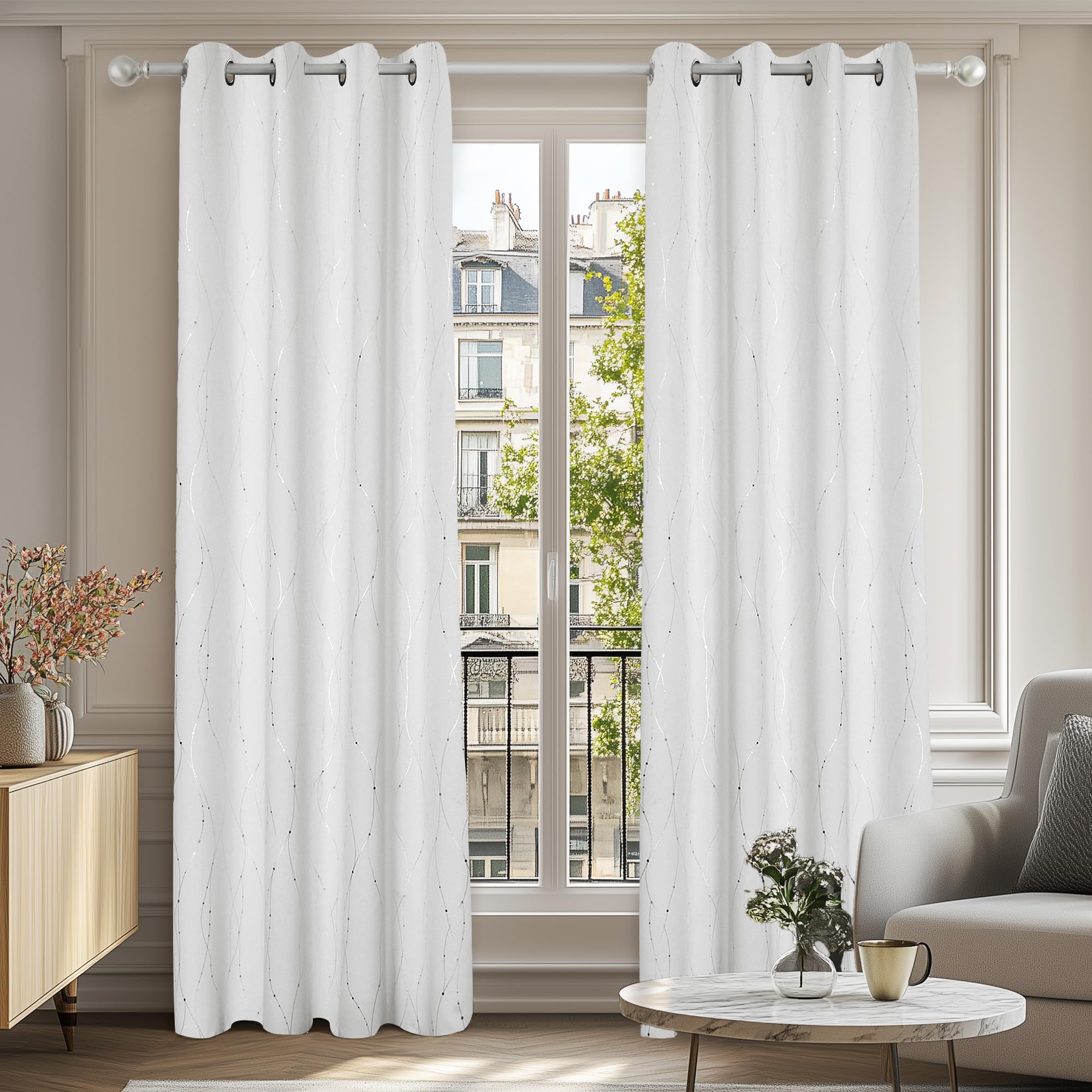 Deconovo Decorative Silver Dotted Line Foil Printed Blackout Curtains Thermal Insulated Curtains Eyelet Curtains for Baby Nursery 52 x 54 Inch Light Grey 2 Panels — view 27
