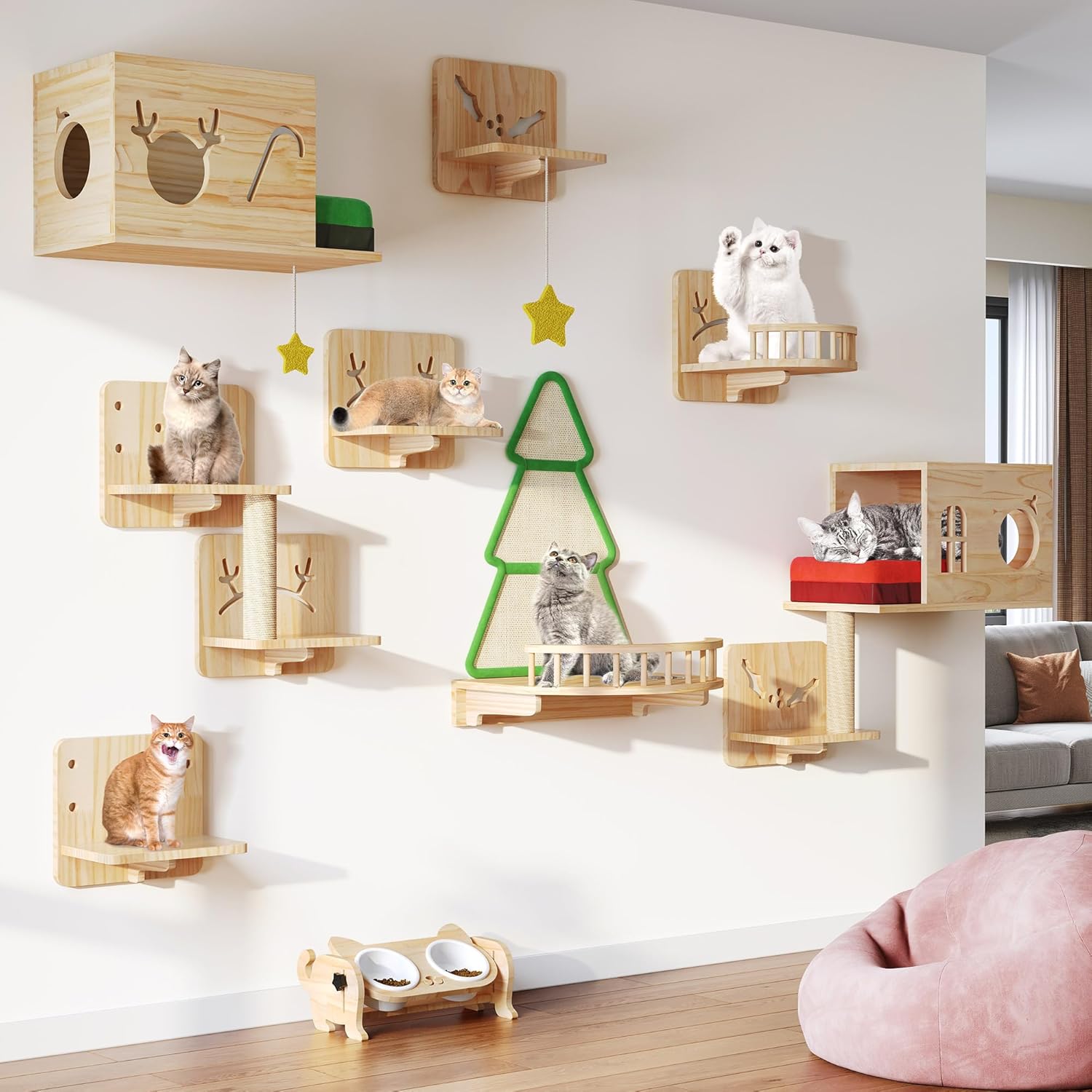 Cat wall shelves and perches with bowls and condo set
