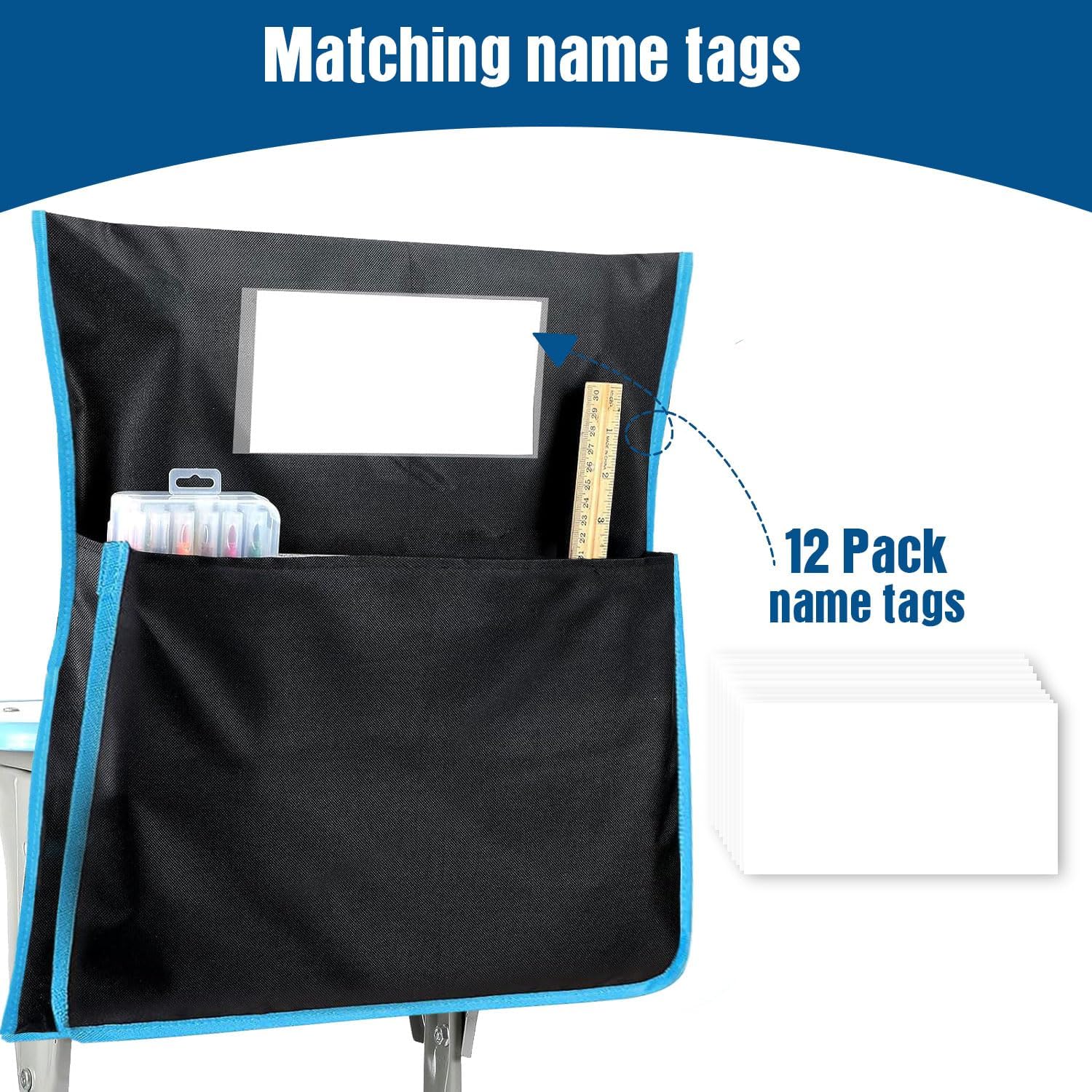 12 Pack Chair Pockets for Classroom - 15.6in x 16.8in Chairback Buddy Pocket Chart Seat Back Organizer with Label Slot for Kindergarten, School, Home Student Storage