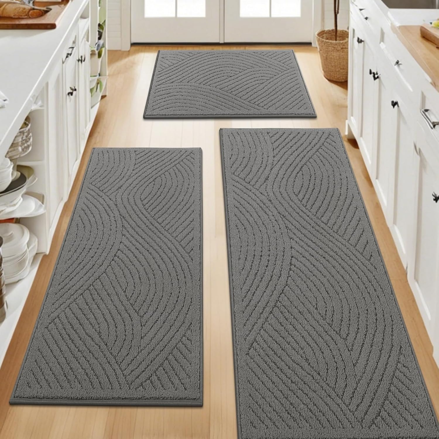 SHACOS Kitchen Rugs and Mats Set of 3 Non Slip Washable Polypropylene Absorbent Resist Dirt Kitchen Floor Mat for Entryway, Hallway, Front of Sink, Laundry (20"x32"+20"x47"+20"x59", Waves Grey) 20"x30"+20"x47"+20"x59" Grey