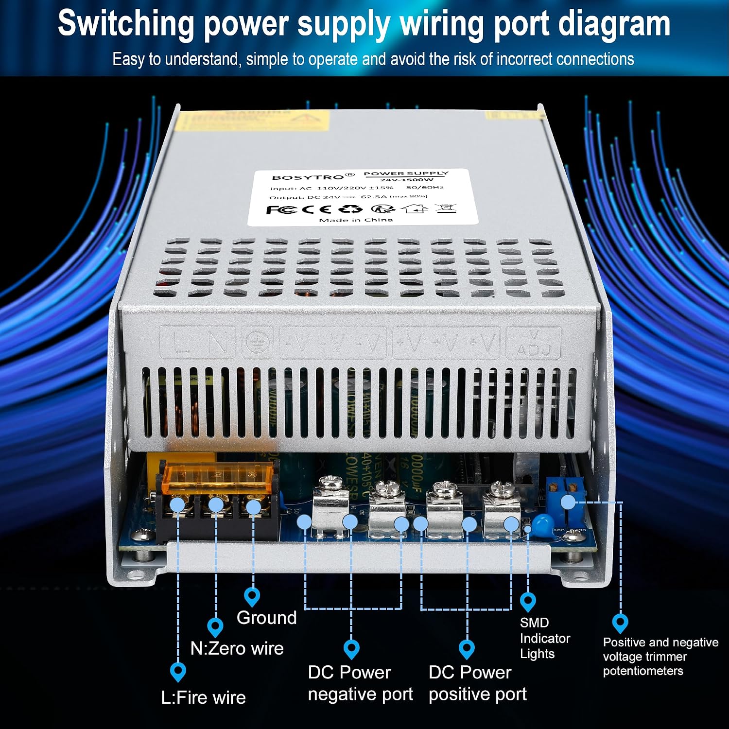 24V 62.5A 1500W DC Switching Power Supply Adapter PSU AC 110V / 220V-DC 24V Transformer Adapter, for 3D Printer,DC Motor,Medical Equipment, Computer Project of Industrial Power Supplies