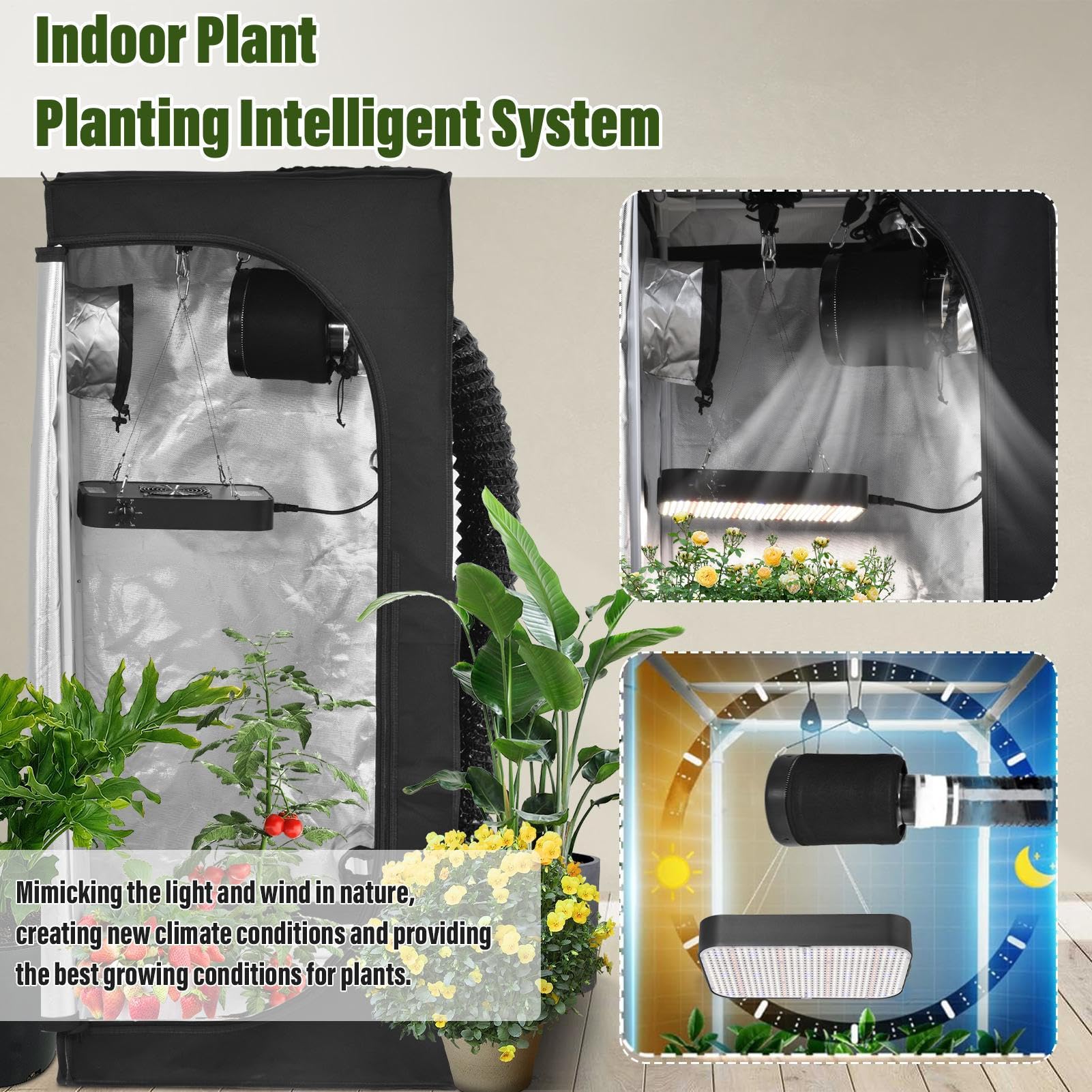 Hydroponik, tenda per piante, set completo, 60 x 60 x 140 cm, lampada a LED da 100 W, filtro ai carboni attivi, ventola, accessori per l'allevamento per interni e hobby, a casa