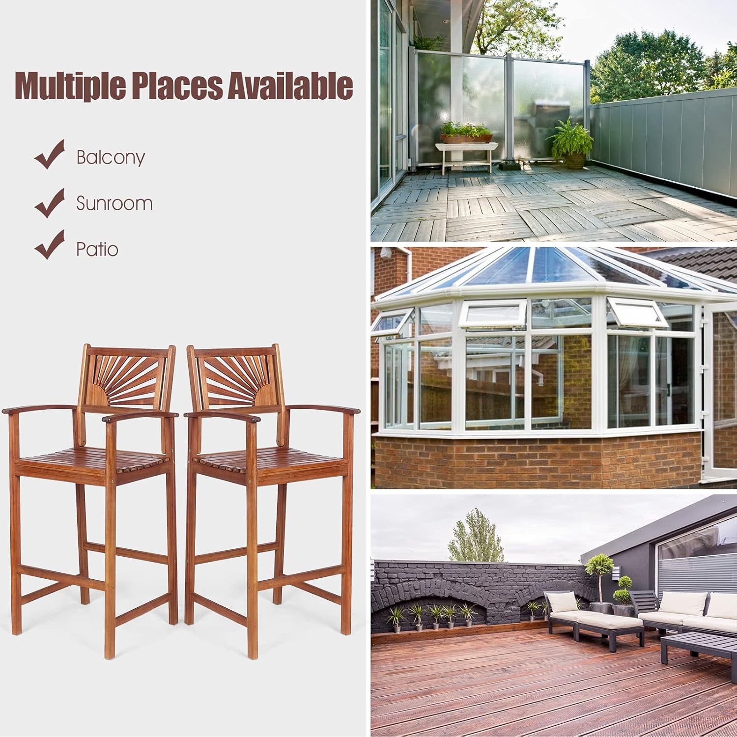 COSTWAY Bar Stools Set of 2, Outdoor Acacia Wood Bar Chairs with Sunflower Backrest, Curved Armrests & Breathable Seat, Ideal for Balcony, Sunroom, Patio, Easy Assembly