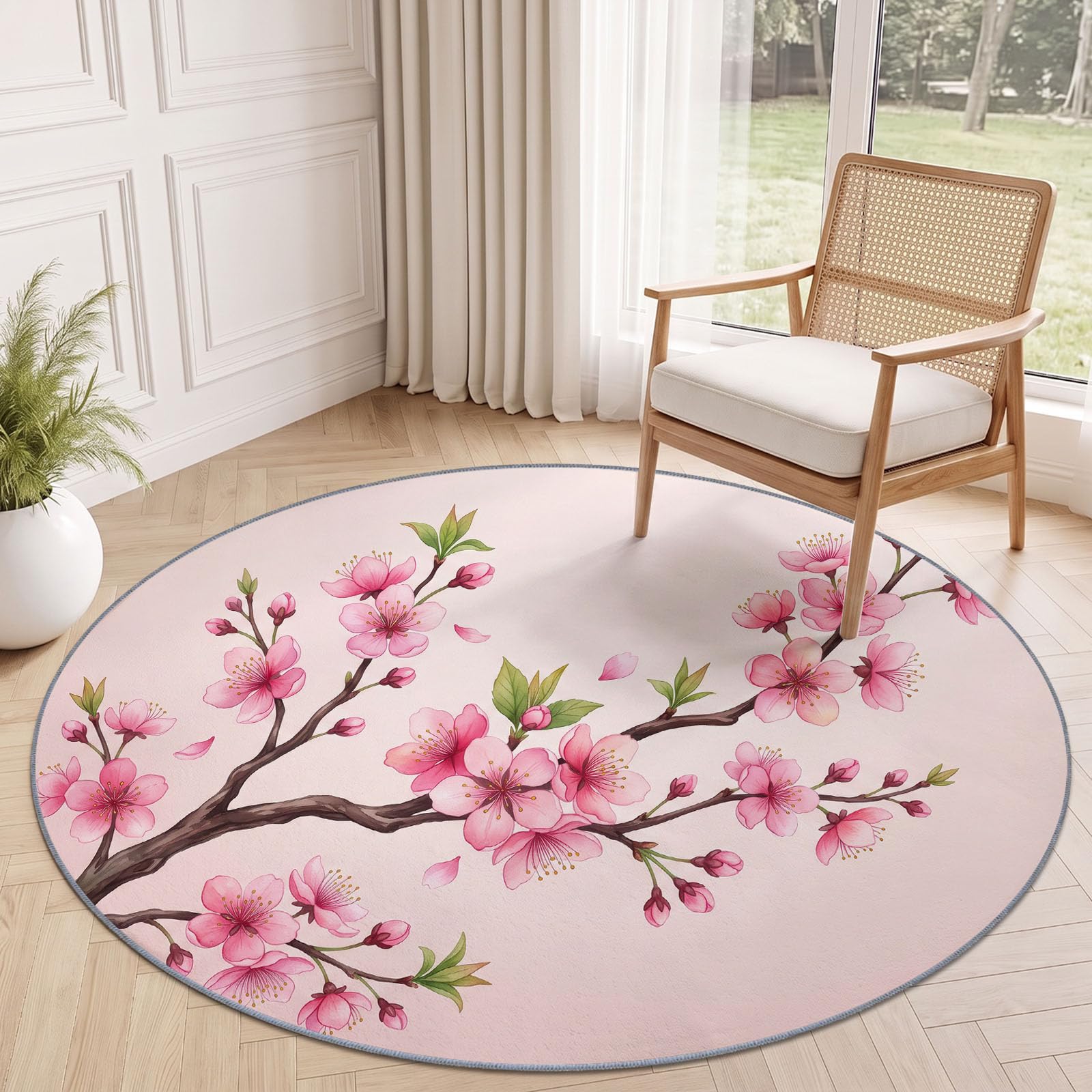 Générique Tapis Chambre Enfant Bébé Fille Garçon Rond 180 cm Plantes Et Fleurs Branches De Fleurs De Cerisier Minimalistes - Grand Doux Rampant pour Petite Chambre d'enfant Salon, Rose