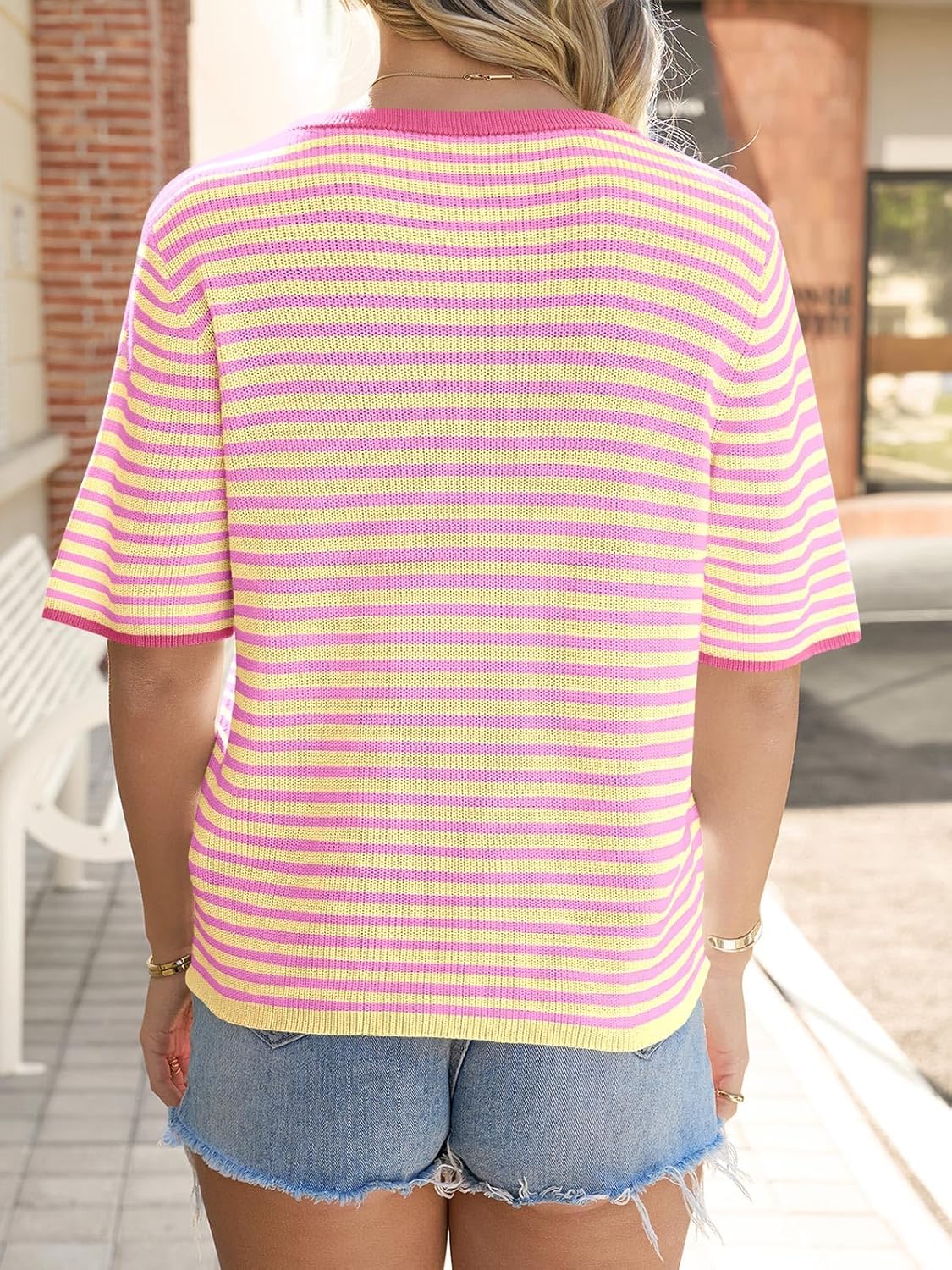 Saodimallsu Womens Short Sleeve Cardigans Lightweight Striped Button Down Crew Neck Spring Summer Sweater Tops - Image 6