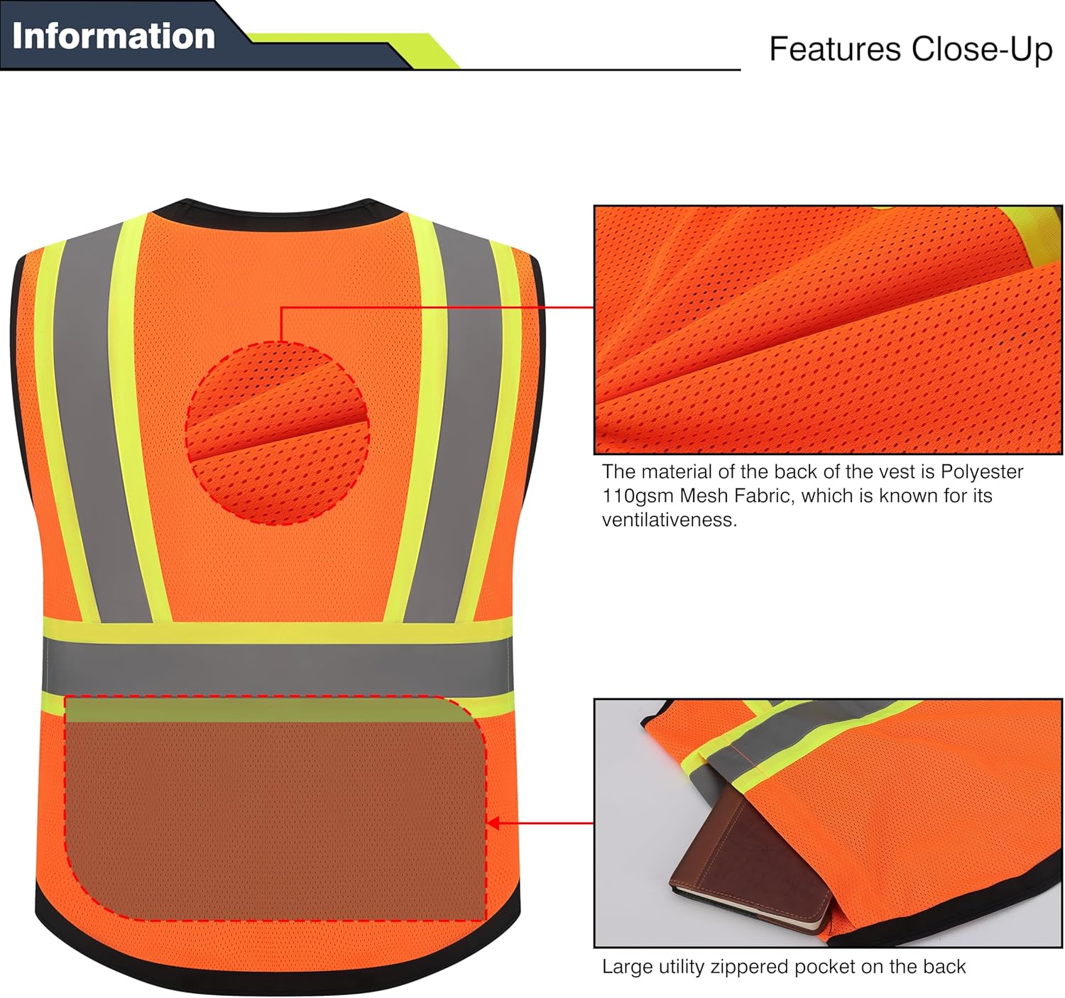 Class 2 High Visibility Reflective Safety Vests Women & Men With 5 Pockets And Zipper Front,Meets Ansi/Isea Standards - Image 3