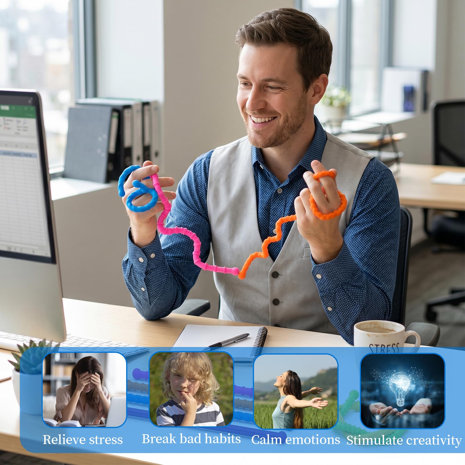 HORREX Fidget z teksturą ADHD, 6 sztuk, silikonowe zabawki, różne rozciągliwe kolory, sensoryczna zabawka antystresowa do ADHD, z autyzmem, łagodzi lęk i stres