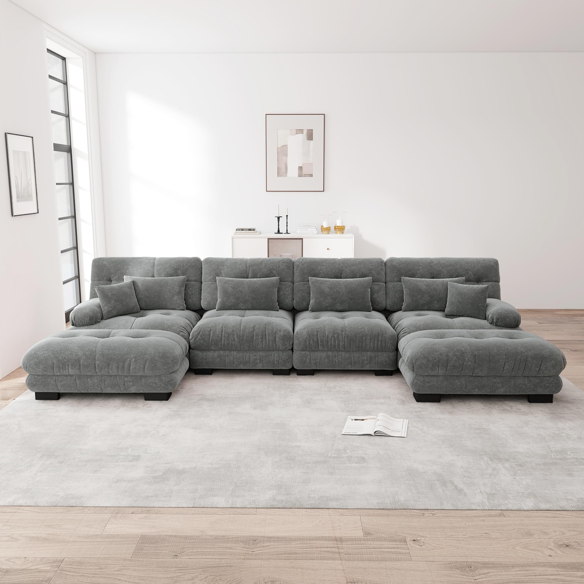 Bladez Canapé d'angle modulaire de luxe en forme de U - Canapé cloud surdimensionné pour salon, lit profond avec ottoman - Canapé chenille moderne gris - Taille XXL (Grey1)
