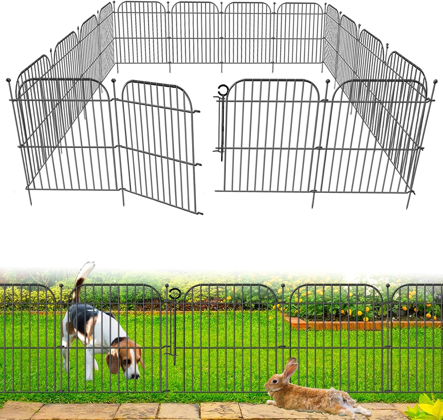 5 Panels No Dig Decorative Outdoor Garden Fence with Gate, 24 in(H) x 10 ft(L) Rustproof Metal Wire Panel Border for Yard & Patio Decor, Temporary Animal Barrier Fencing for Dog and Small Pets