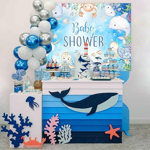 Miniatura 2 de Mocsicka Fondo de baby shower con temática de mar oceánico, bajo el mar, cartel para fiesta de baby shower, acuarela, pulpo, ballena, tiburón,