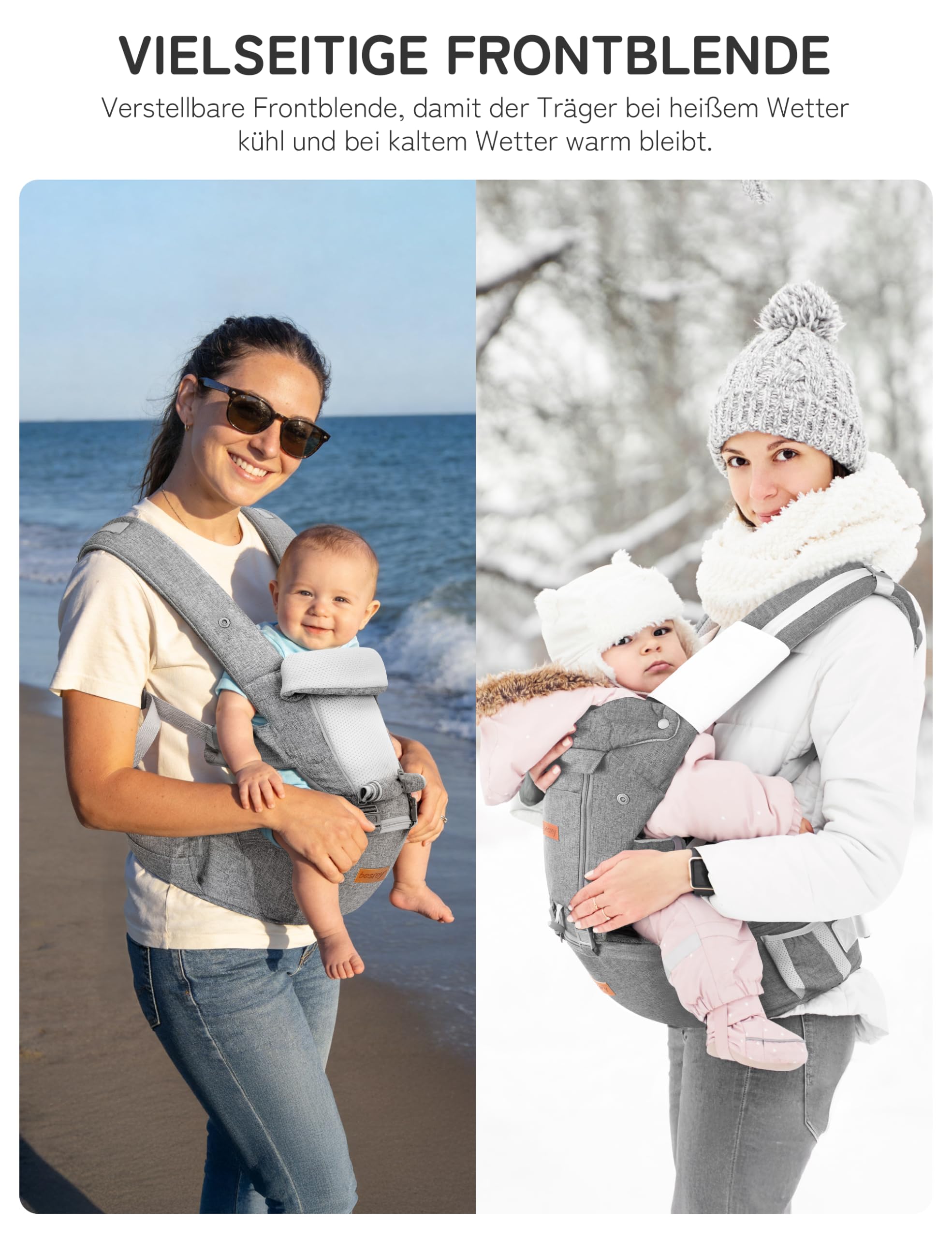 besrey Babytrage, Ergonomische Baby Trage mit Hüftsitz, Baby Carrier mit Lendenstütze, 6 Tragepositionen, Verstellbarer Tragegurt für Babys und Kleinkinder von 4–36 Monaten, Inkl. Sabberlatz