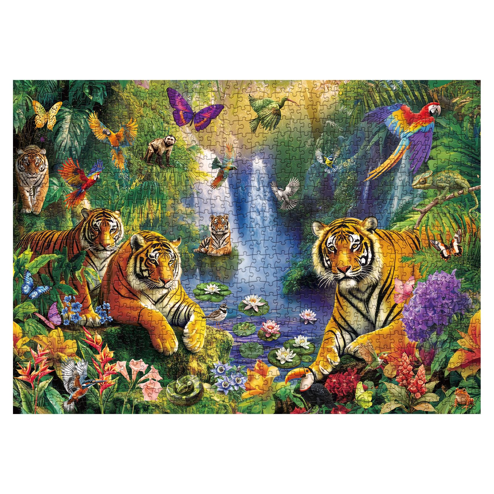 Tiger Animal Puzzle for Adults 1000 Pieces Nature, Tropical Junlge Jigsaw Puzzle, Bird Flower Butterfly Plant Puzzle