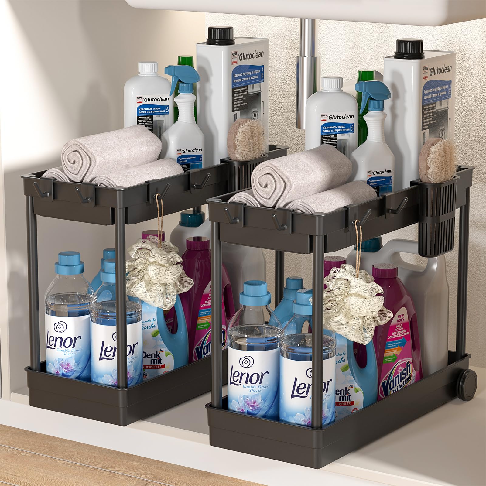 2-Tier Under Sink Storage for Kitchen & Bathroom, Pull- Out Designed Under Sink Storage Units with 4 Hooks 1 Hanging Cup (Black, 2 Pack)