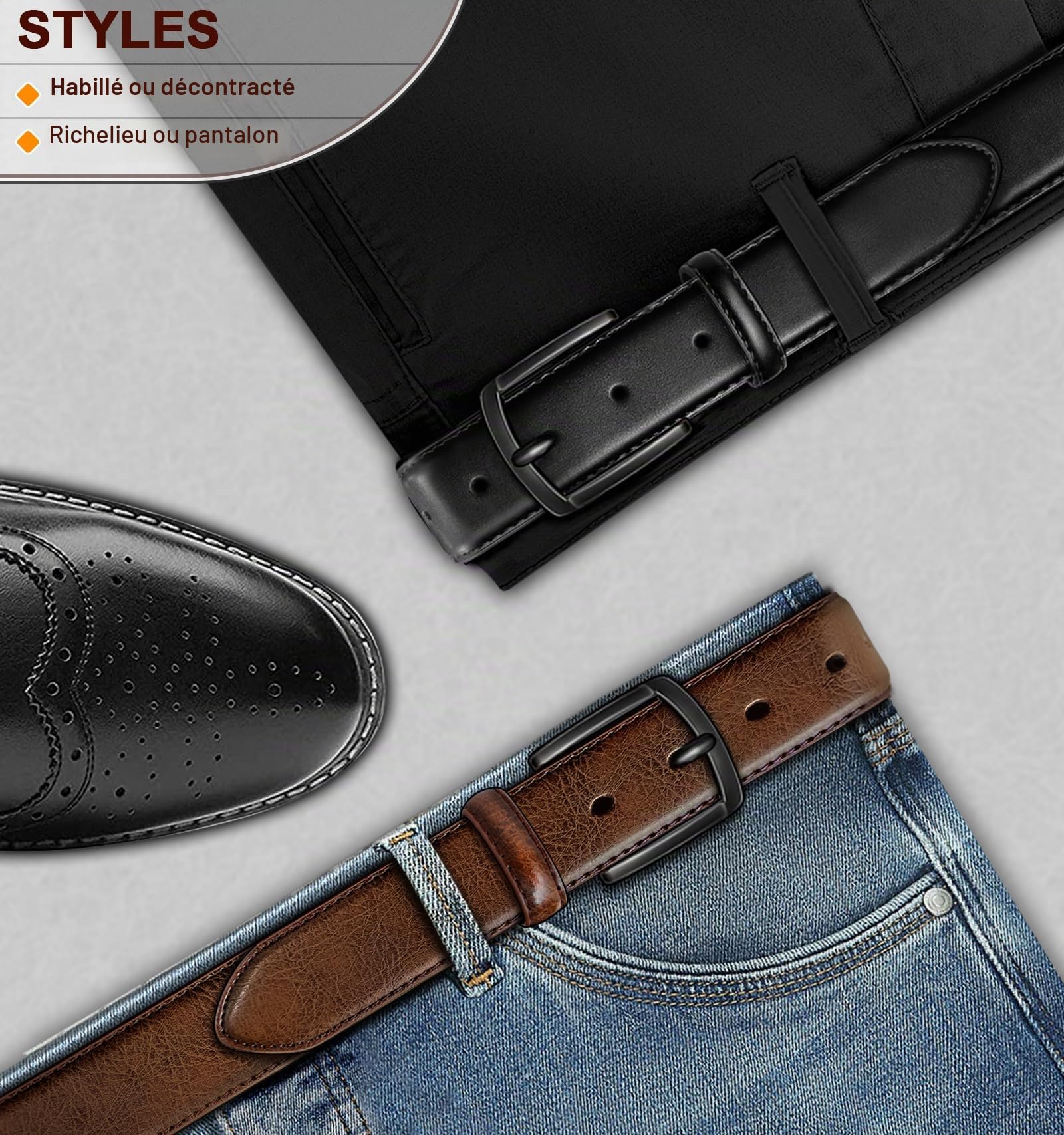 KEMISANT Ceinture Homme 2 Paquet, Ceinture Cuir pour Jeans Travail Décontractée,31mm,Taille Fixe