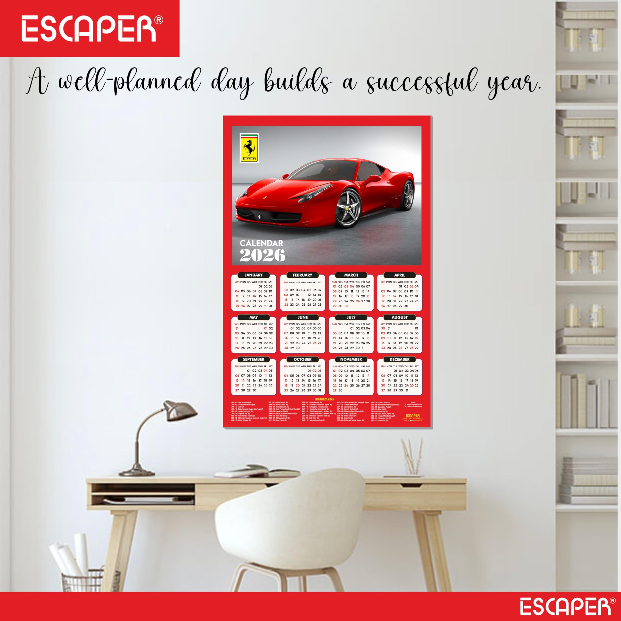 ESCAPER Calendario de pared de coche 2026 - 45 x 30 cm, decoración de pared de coche deportivo y automóvil, calendario colgante grande para decoración de habitación y hogar