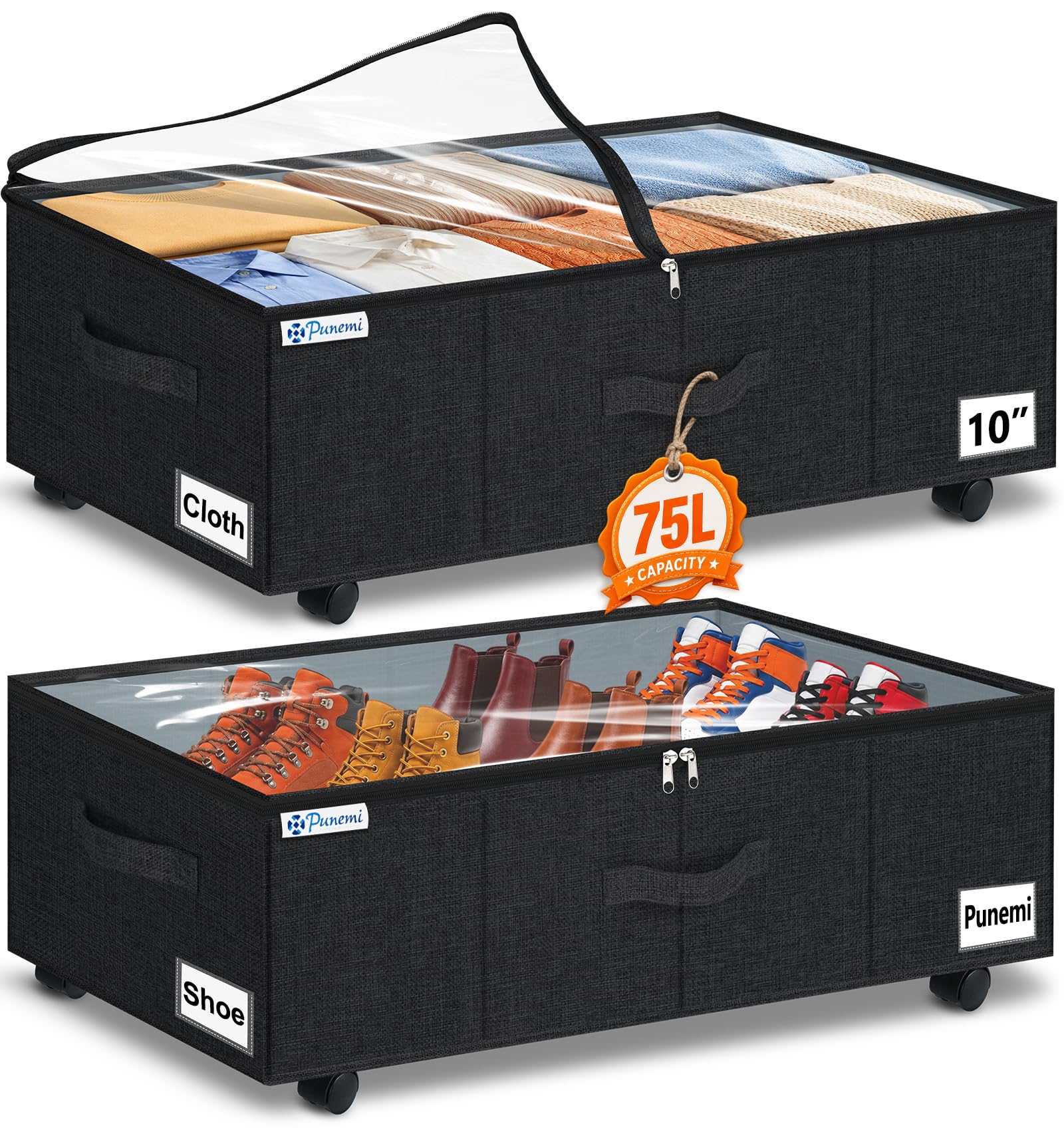 punemi 10" Tall 75L Under Bed Storage Bins with Wheels, Rolling Storage Bin
