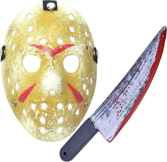 Mega_Jumble Friday the 13th Jason Voorhees Halloween Gold Hockey Mask &amp; Bloody Toy | Adult Purge Freddy Krueger Hockey Horror Festival Scary Fancy Dress Costume Accessory