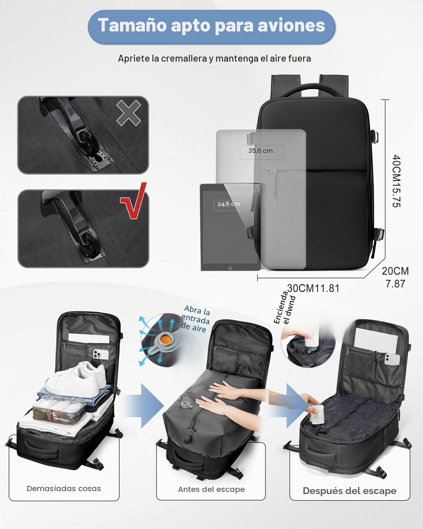 SZLX Mochila al Vacio con Bomba Mochilas Viaje Cabina Avion 40x30x20 Ryanair Vueling Wizzair Equipaje de Mano 40x20x25 Bolsas de Viaje Mujer Maletas 45x36x20 Easyjet Mochila Portátil con USB Hombre