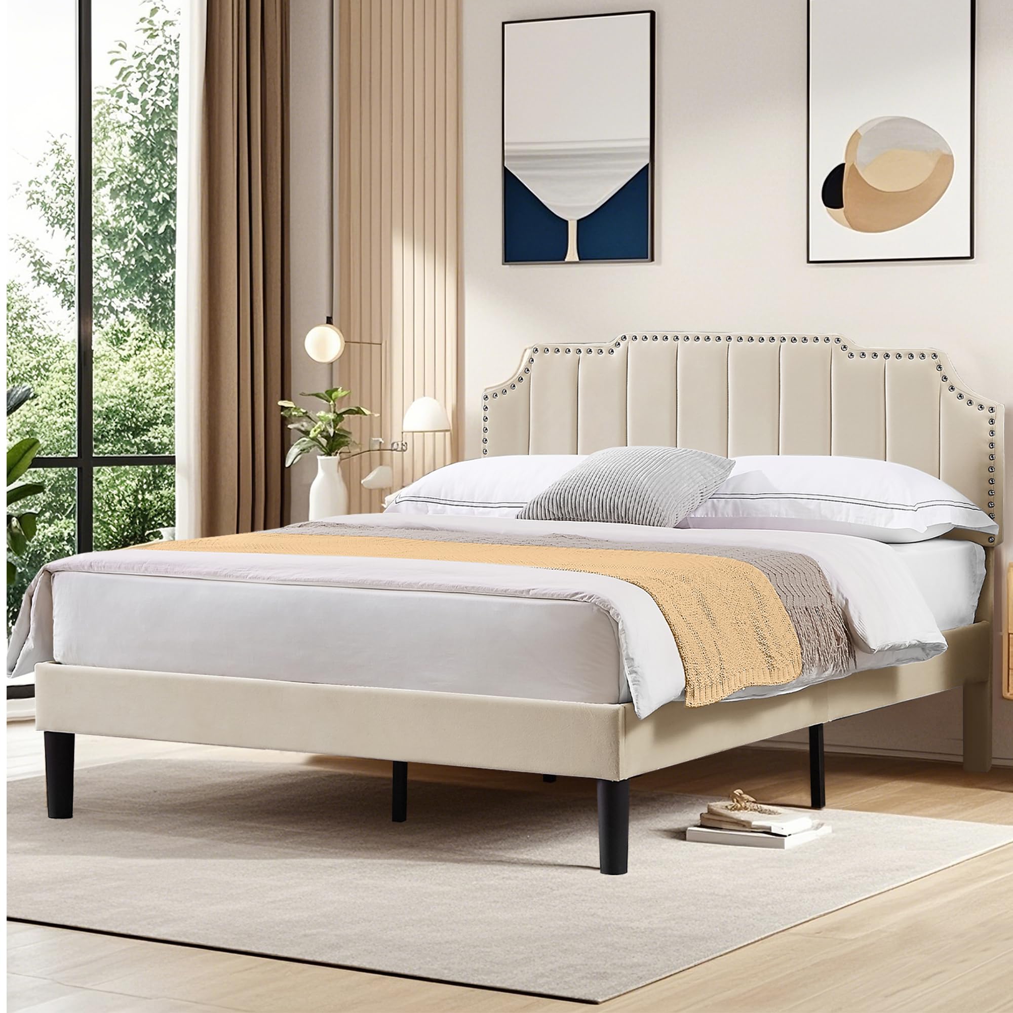 VECELO Queen Upholstered Platform Bed Frame with Tufted Adjustable Headboard/Mattress Foundation/Wood Slat Support,Easy Assembly,Beige