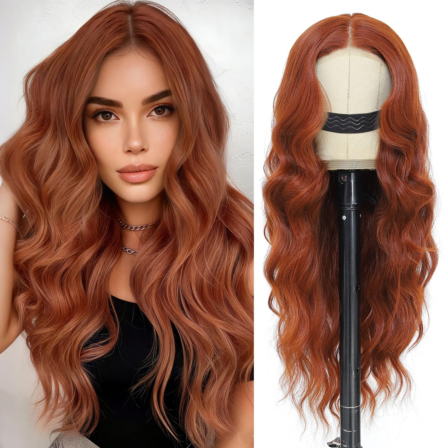 Auburn Wigs for Women, Long Wavy Lace Hairline Middle Part Glueless Wig Heat Resistant Synthetic Wigs for Daily Party Cosplay Costume Wig Use - 24 Inch