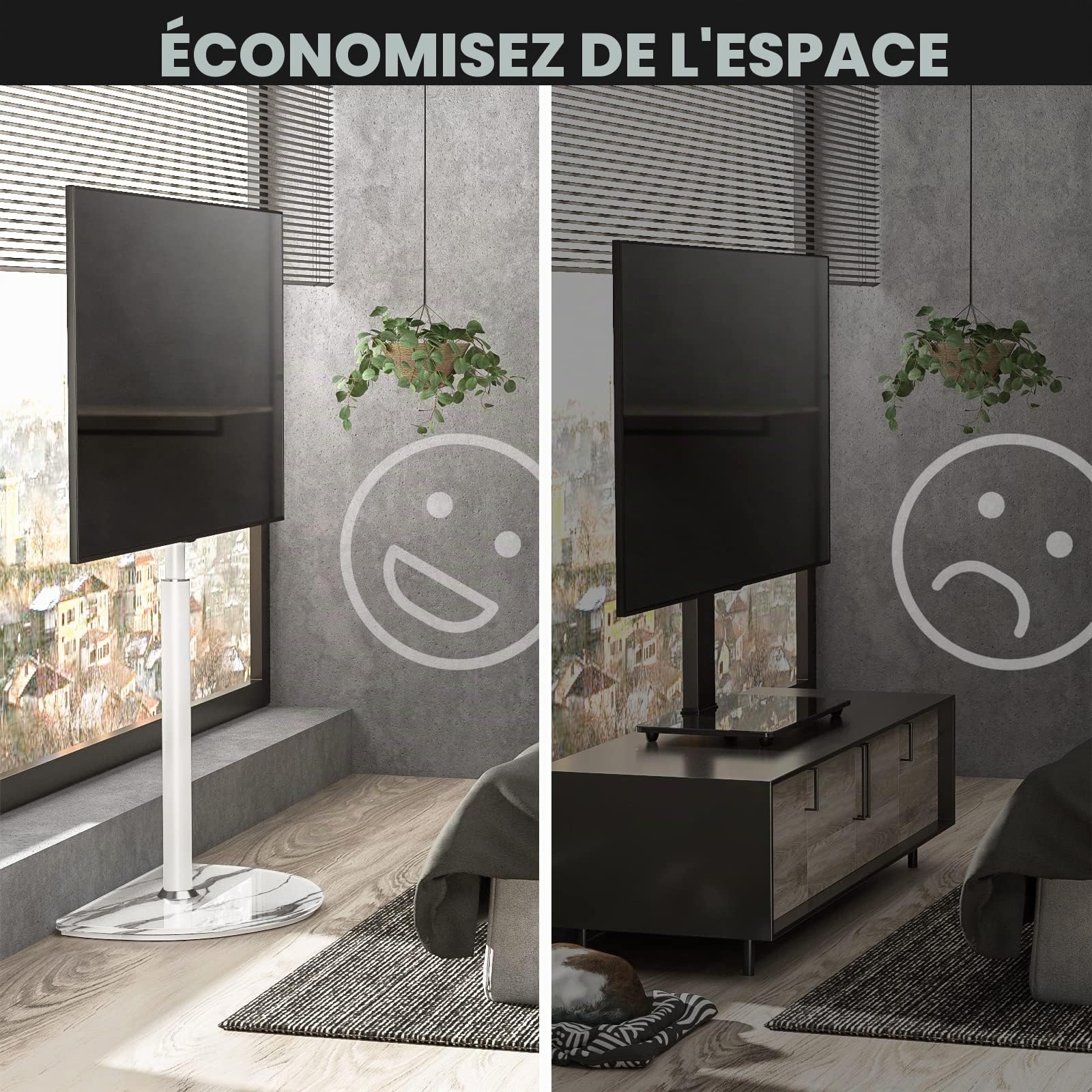 RFIVER Support TV au Sol pour Écrans Plats LED LCD OLED de 32 à 65 Pouces avec Pivot ± 25 Degrés, Hauteur Réglable, Support d’angle pour TV jusqu’à 40 kg, Gestion des Câbles et Facilité de Montage