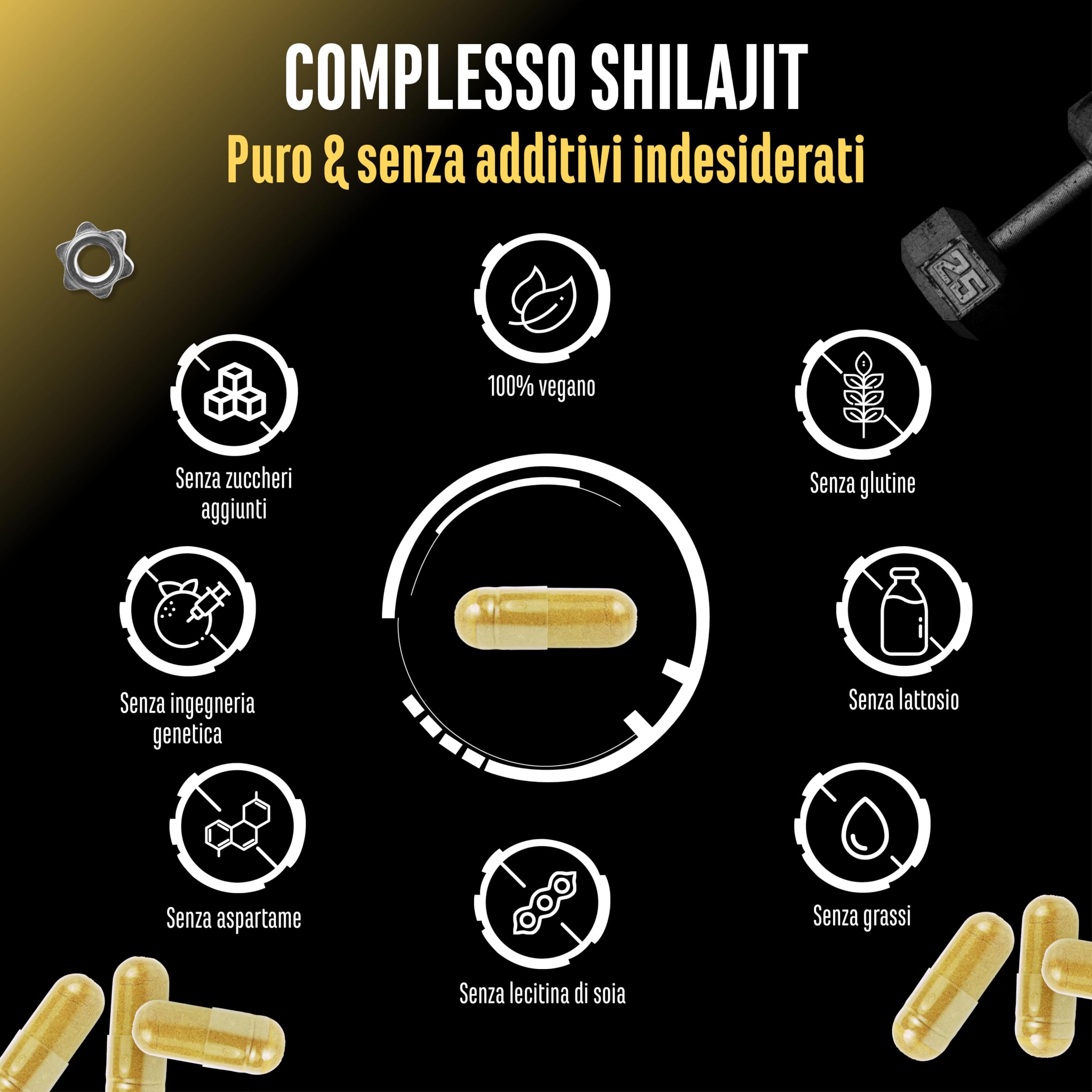Shilajit Complex - 180 capsule - Altamente dosato con 3010 mg per dose giornaliera - Con ginseng, schisandra, triphala, estratto di tulsi, 50% di acido fulvico e 12% di acido umico - Vegano