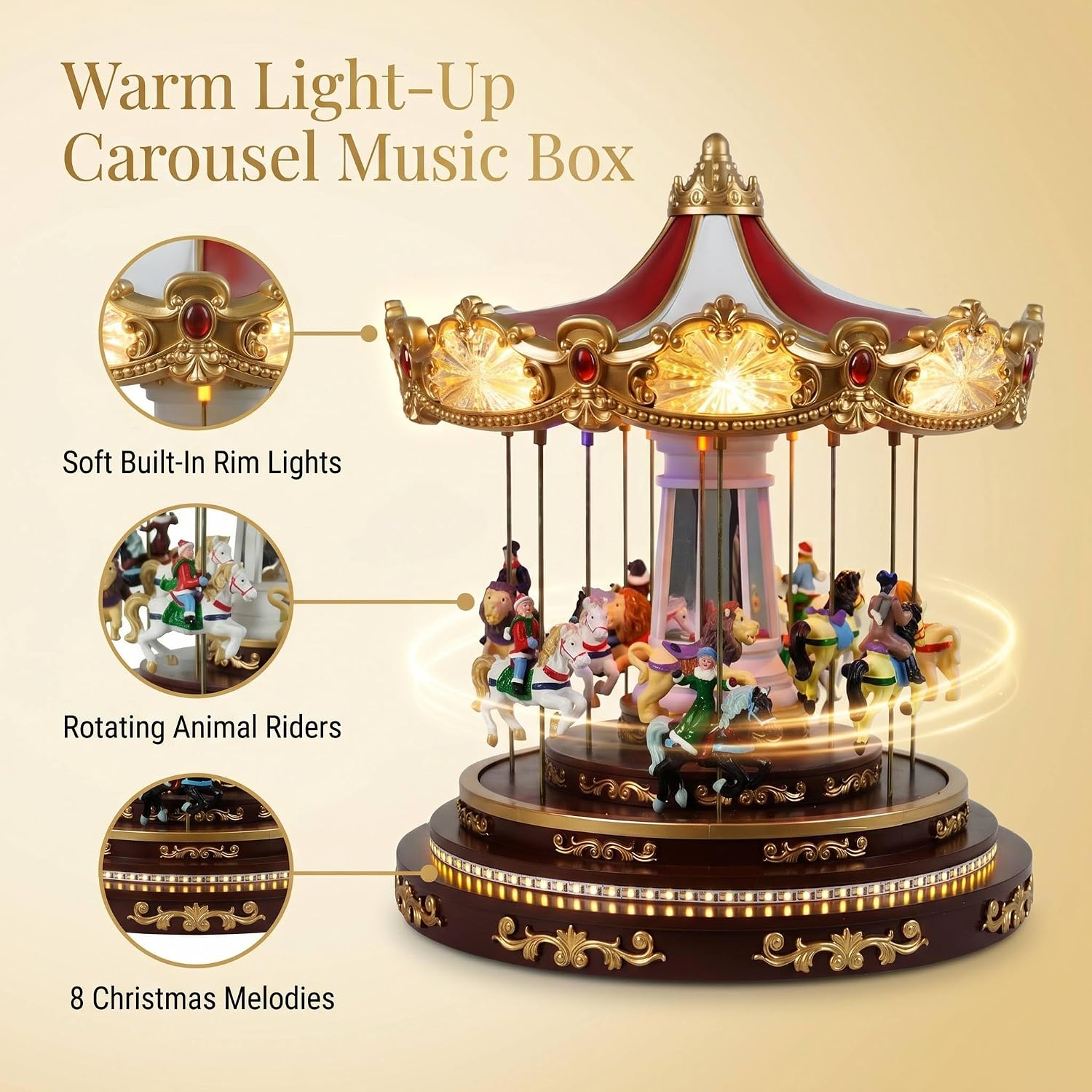14" Large Red Rotating Christmas Carousel Decoration, Musical LED Light-Up Tabletop Ornament with Realistic Scene, Classic Holiday Home Decor & Xmas Gift