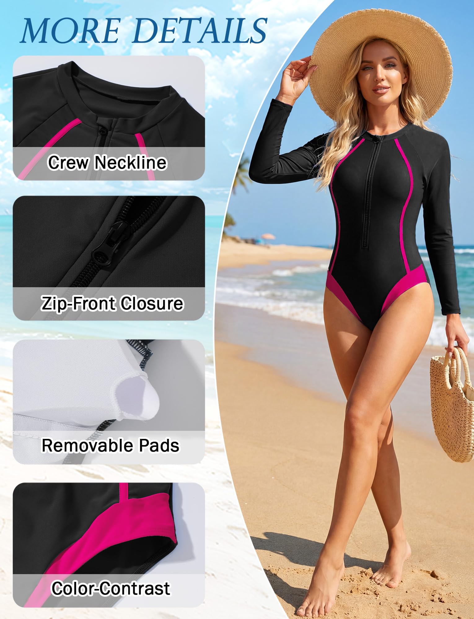 Femme Maillot de Bain Une Pièce Manches Longues Rashguard avec Fermeture Éclair Combinaison de Surf plongée Piscine Plage