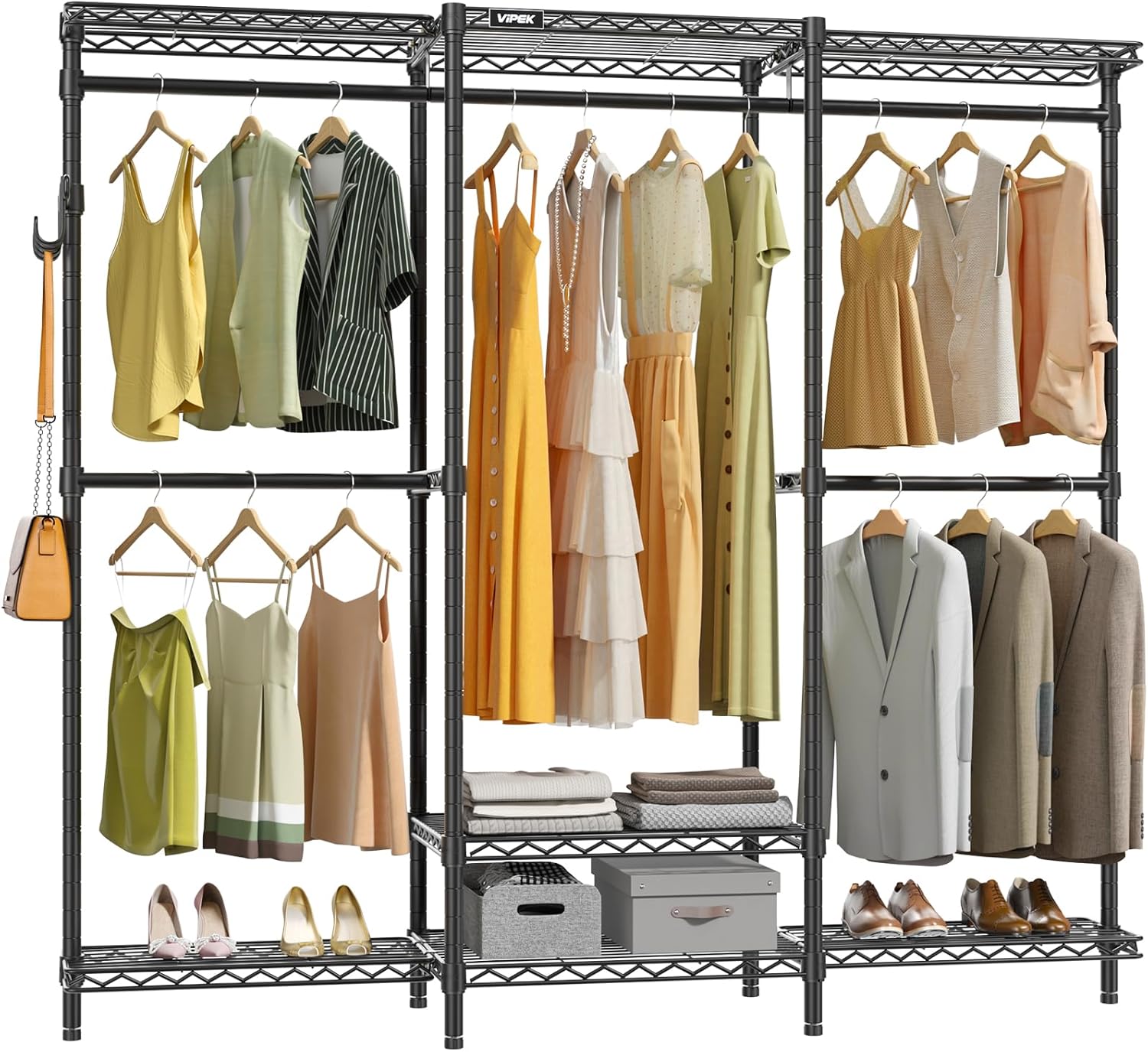 VIPEK V3 Nano Clothes Rack with 4 Semi-Shelves and 3 Standard Shelves, Clothing Rack for Hanging Clothes, Free Standing Closet System, Portable Metal Wardrobe for Bedroom, Max Load 800LBS, Black