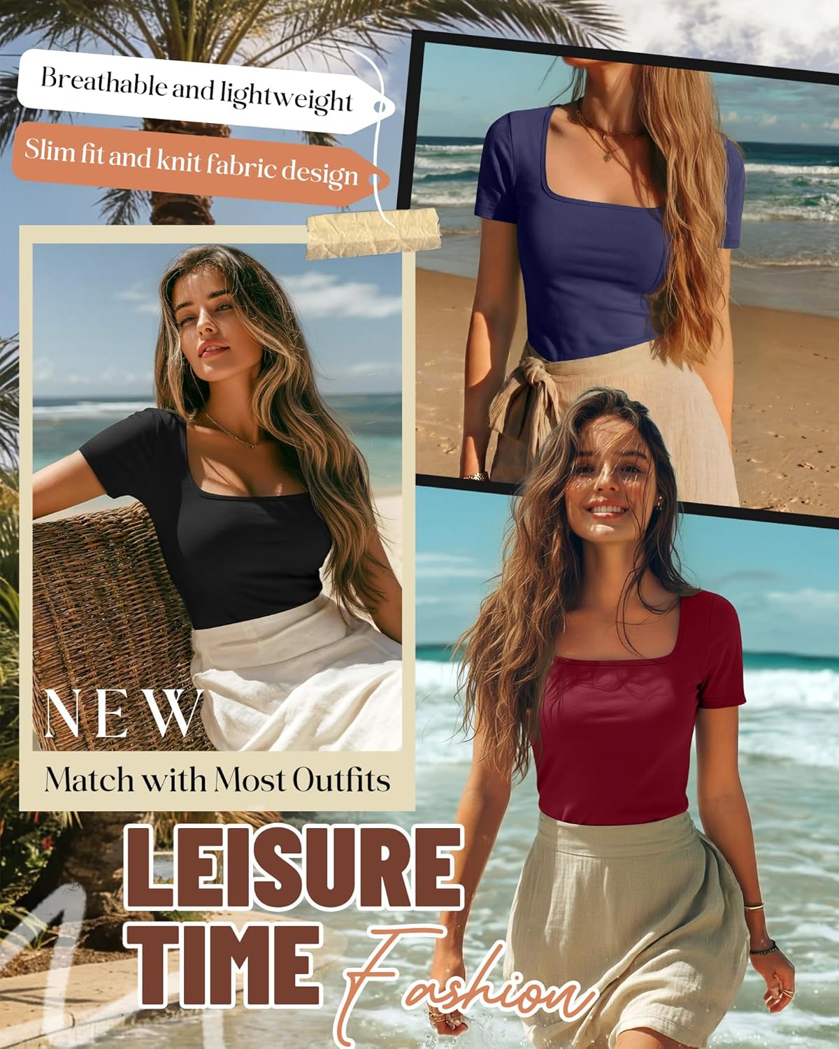 Ficerd 3 Pack Women's Square Neck Shirts, Short Sleeve Slim Fit Tops Scoop Neck Summer Casual Basic T-Shirts Tee - Image 3