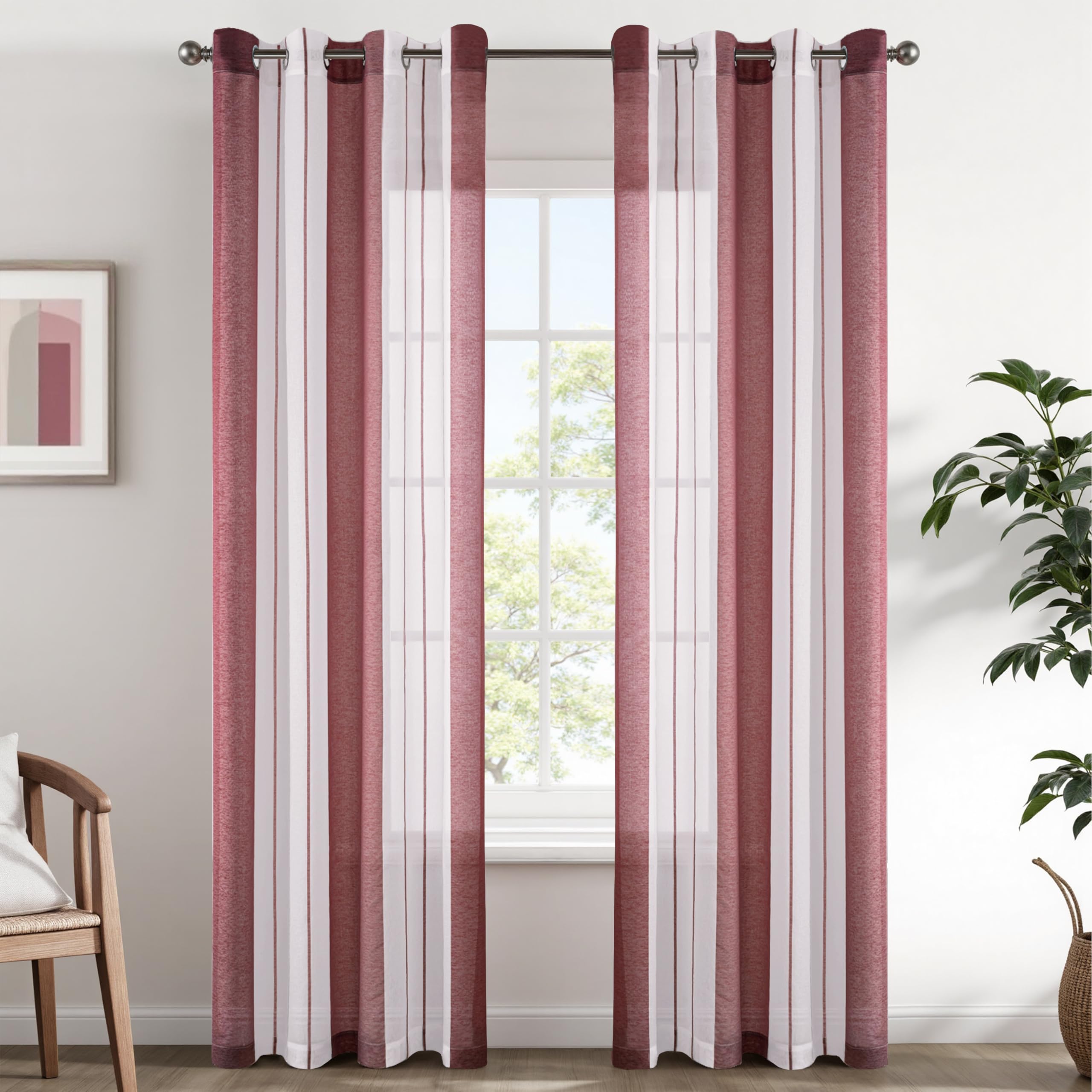 EMEMA Gardinen Gestreift Transparent mit Ösen Voile Vorhänge Wohnzimmer Modern 2er Set Vorhang Schlafzimmer Transparent mit Muster Vorhang Halbtransparent Streifen