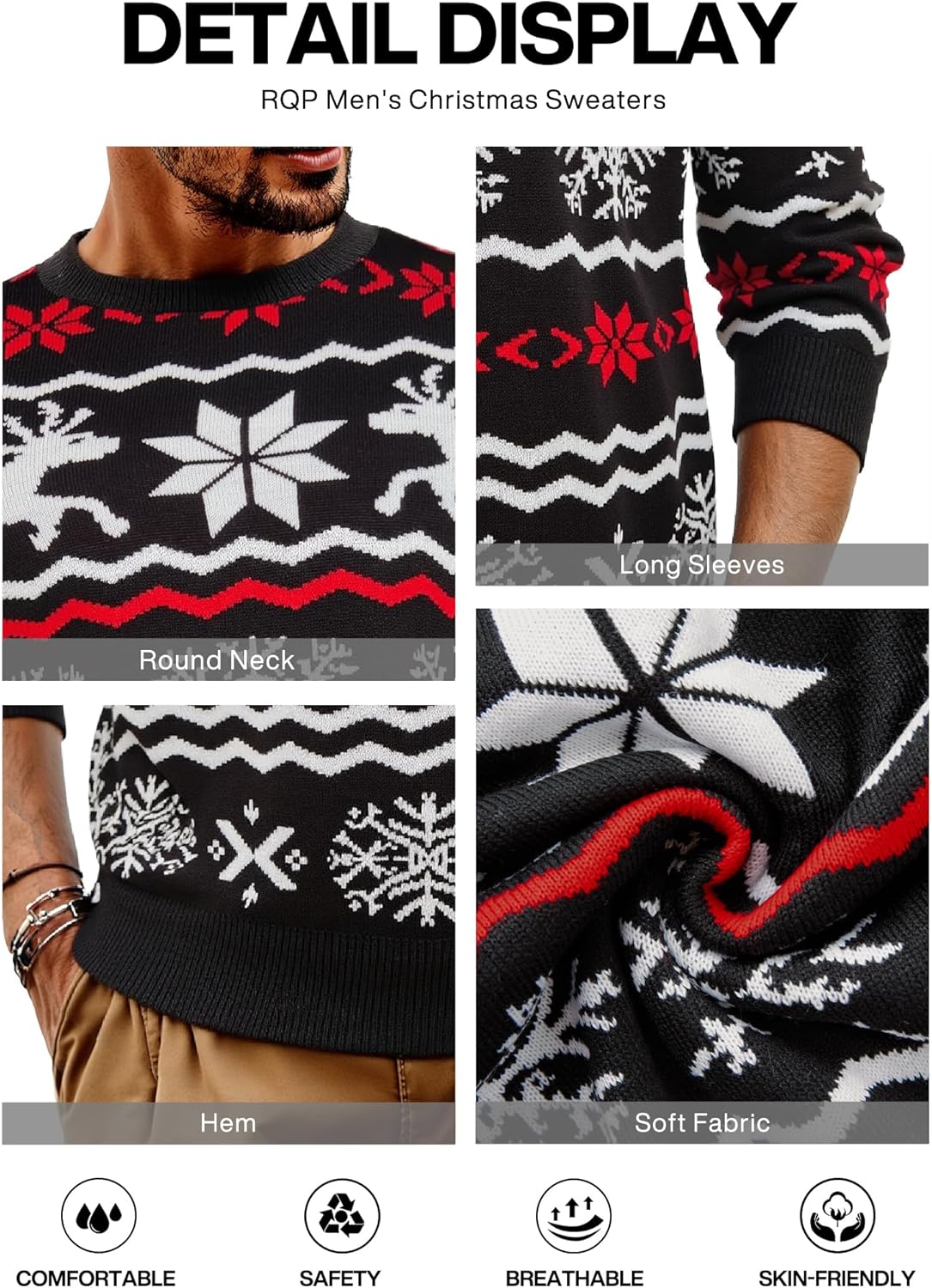 RQP Men's Ugly Christmas Sweater Crewneck Pullover with Reindeer,Cozy Knit Pullover for Holiday - Image 4