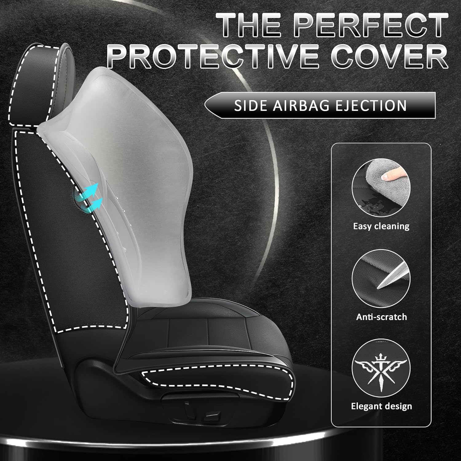 Seat Covers Full Set, Fashion Seat Cover for Chevy Silverado 2008-2025, Premium Leather Auto Seat Protector Anti-Slip Waterproof Car Seat Cushion,Trendy Style(Full Seats, Black)