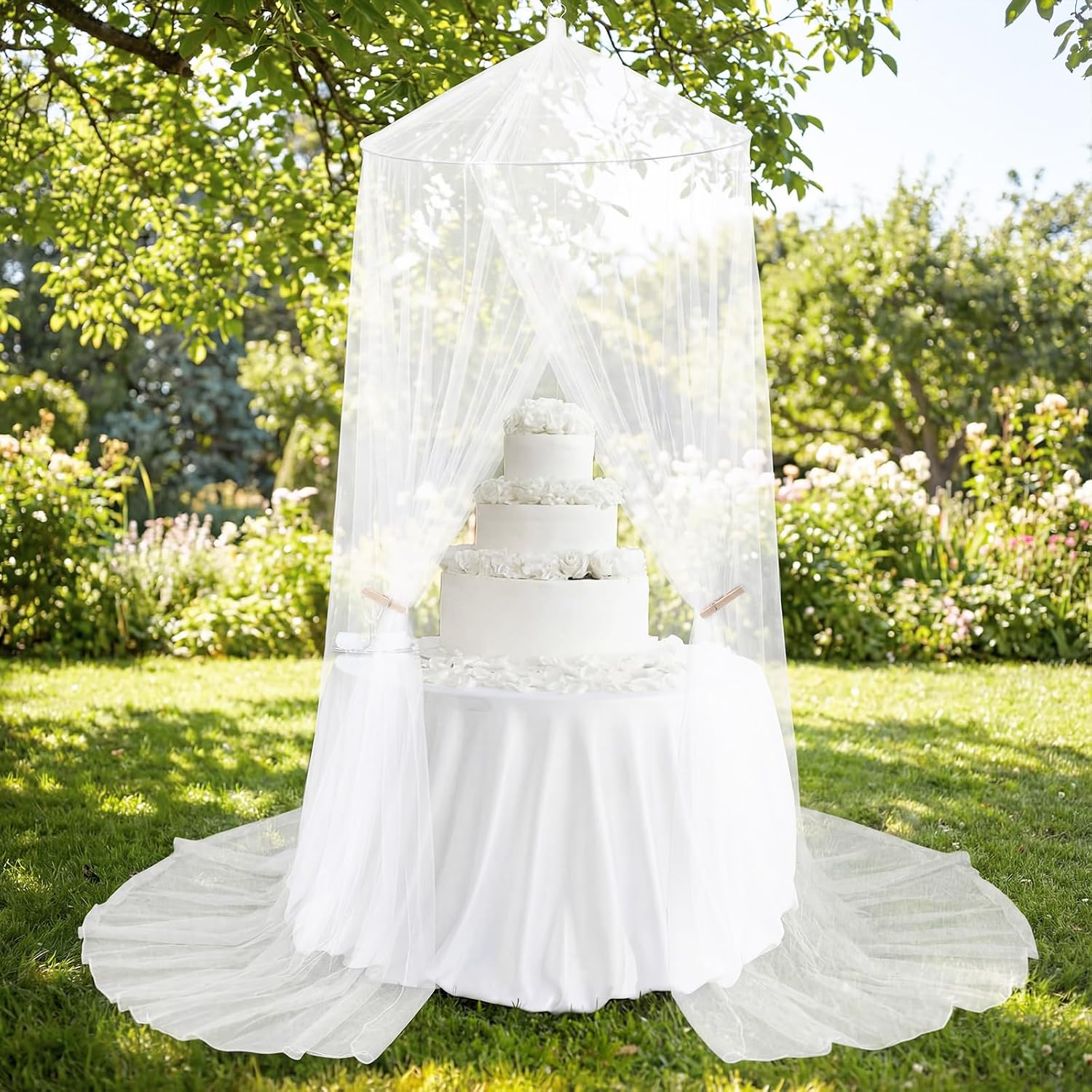 Large Mesh Cake Cover Wedding Party Cake Dome Canopy Lace Tent Decorated Round Cakes Cover with Steel Ring Top Romantic Display Canopy Tent for Wedding Birthday Party Banquet Decoration