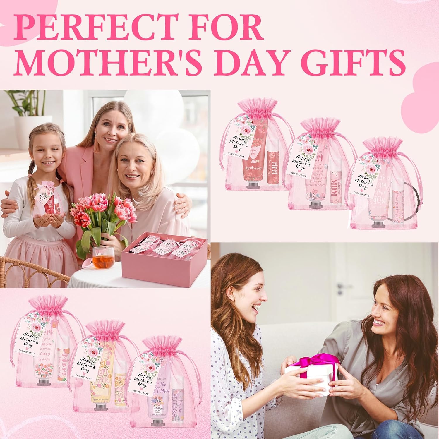 Loopeer 24 Sets Mother's Day Hand Cream and Lip Balm Gifts Bulk with Greeting Card and Bags Pink Mother's Day Gift Ideas Mom Party Favors Stuffers for Women Friends Ladies
