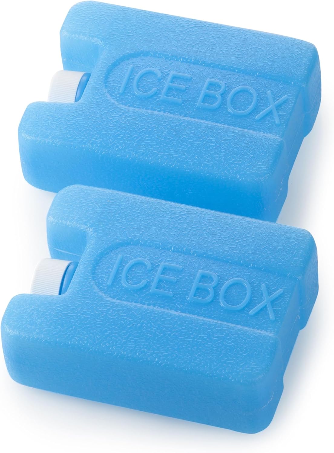 Two blue ice packs labeled ICE BOX