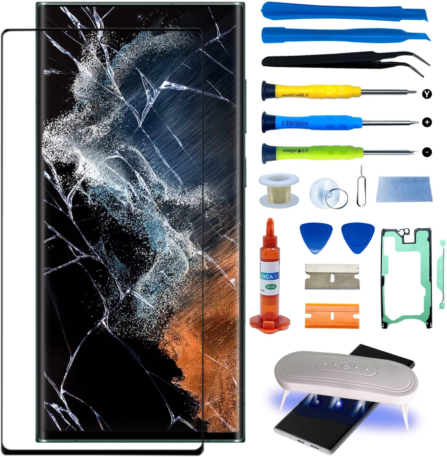 Original Samsung Galaxy Note 20 Ultra Front Glass Repair Kit Screen Replacement 6.7 inch Outer Screen incl Waterpoof Frame Adhesive,Repair Glue and Lamp Tool (No Digitizer,No LCD) N9860 Series