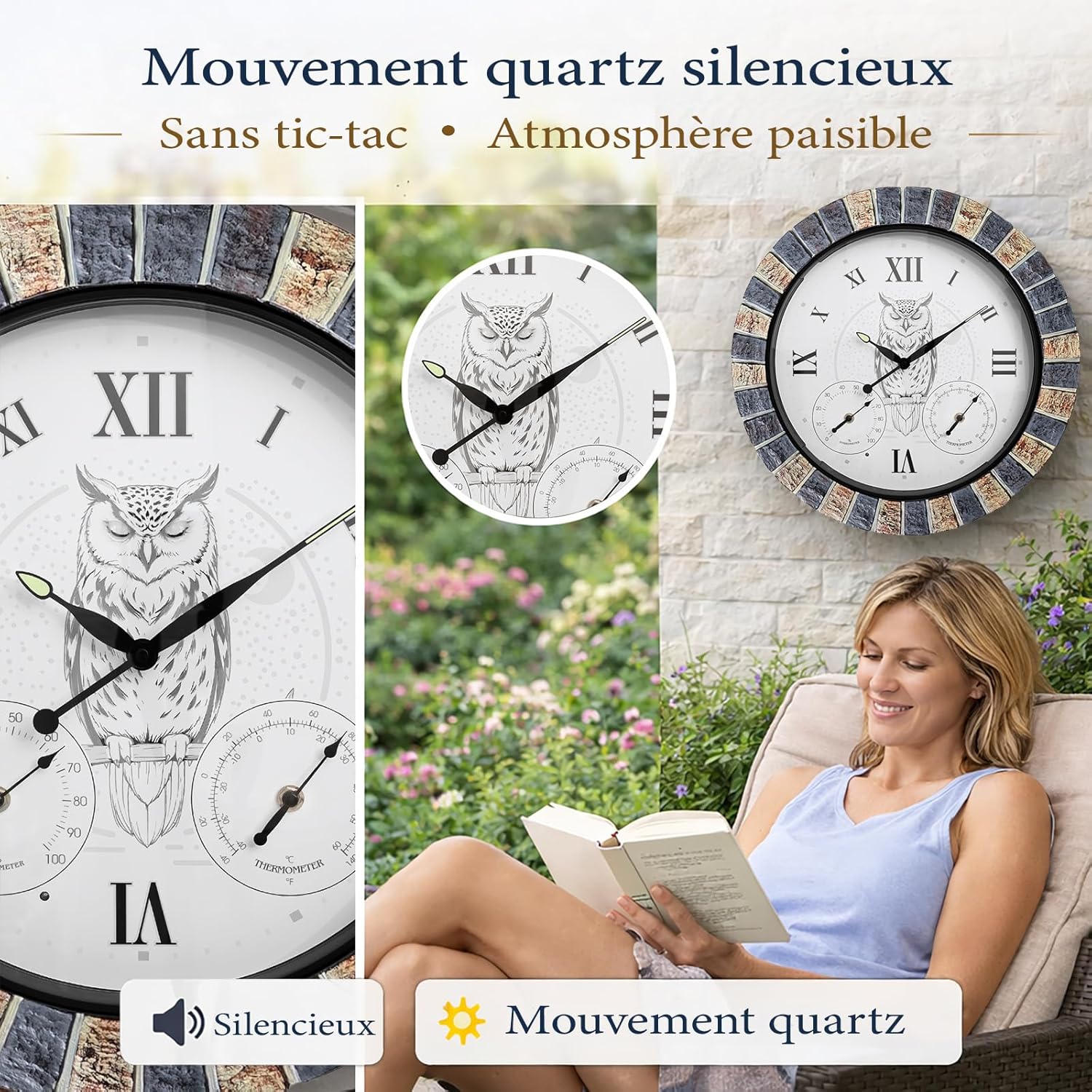18 Inch Outdoor Clocks Waterproof with Thermometer Hygrometer, Illuminated Smart Night Light Large Patio Outdoor Wall Clock, Silent Battery Operated Outdoor Clock for Garden Pool Porch