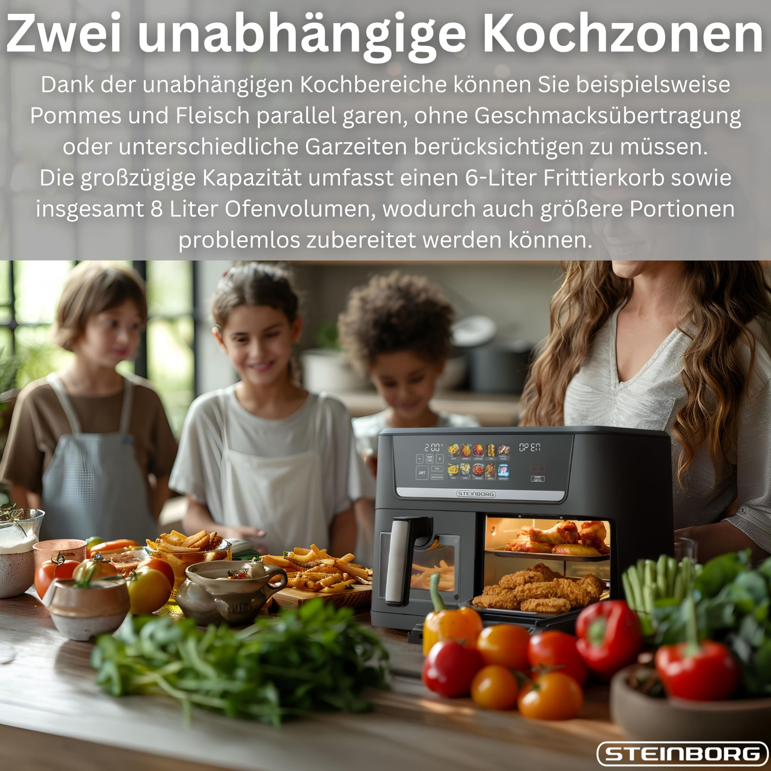 Steinborg® XXL Dual Zone frytkownica na gorące powietrze, 14 litrów (8 l + 6 l), 1700 W, z 2 komorami i 2 niezależnymi strefami gotowania, cyfrowy wyświetlacz, 10 programów w temperaturze 60–200°C