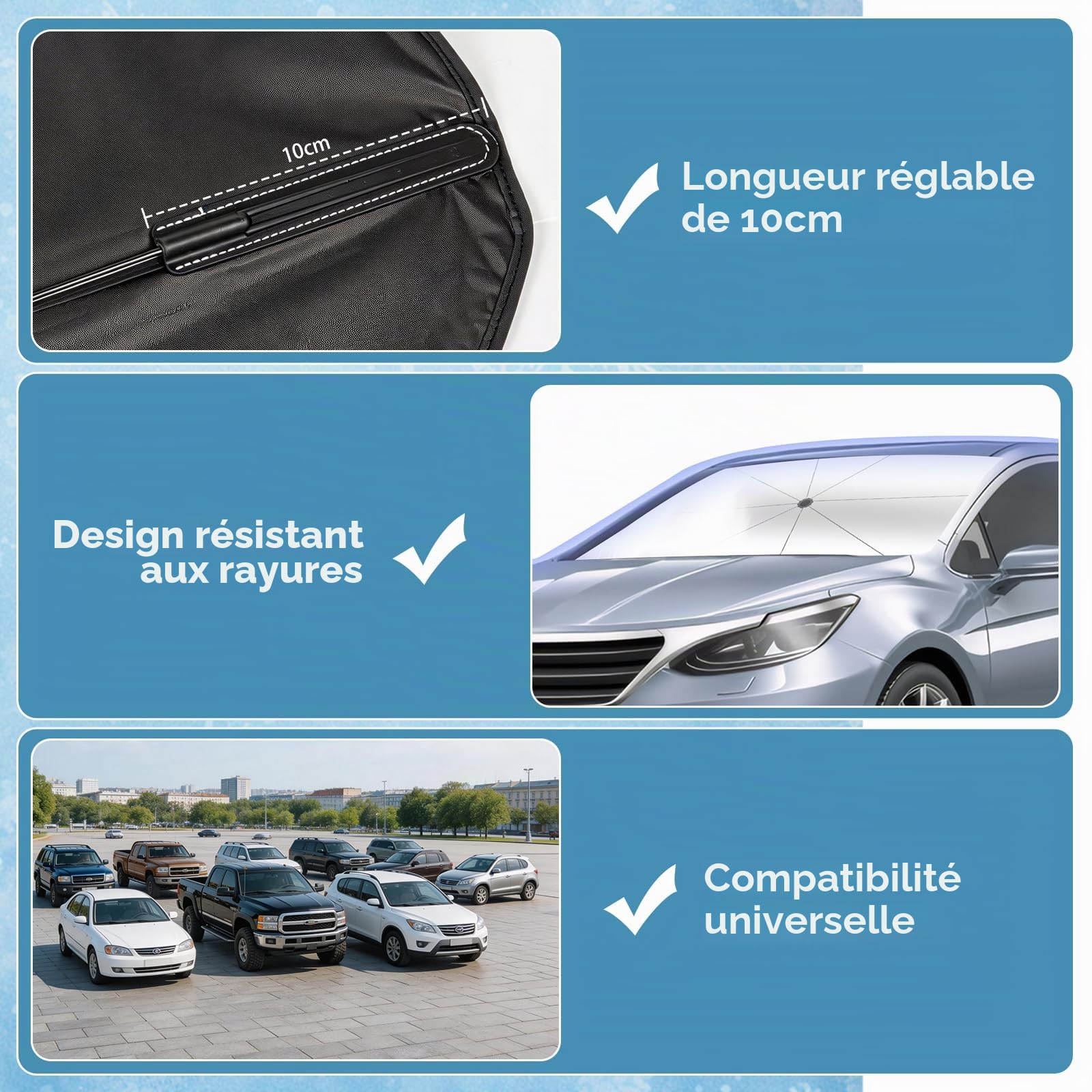 Pare-Soleil Voiture Pare-Brise Avant, 145x85cm Grande Taille,Protection UV & Anti-Chaleur Pliable Poignée rotative elliptique, avec Découpe pour Rétroviseur – Idéal pour SUV et pour Voiture.